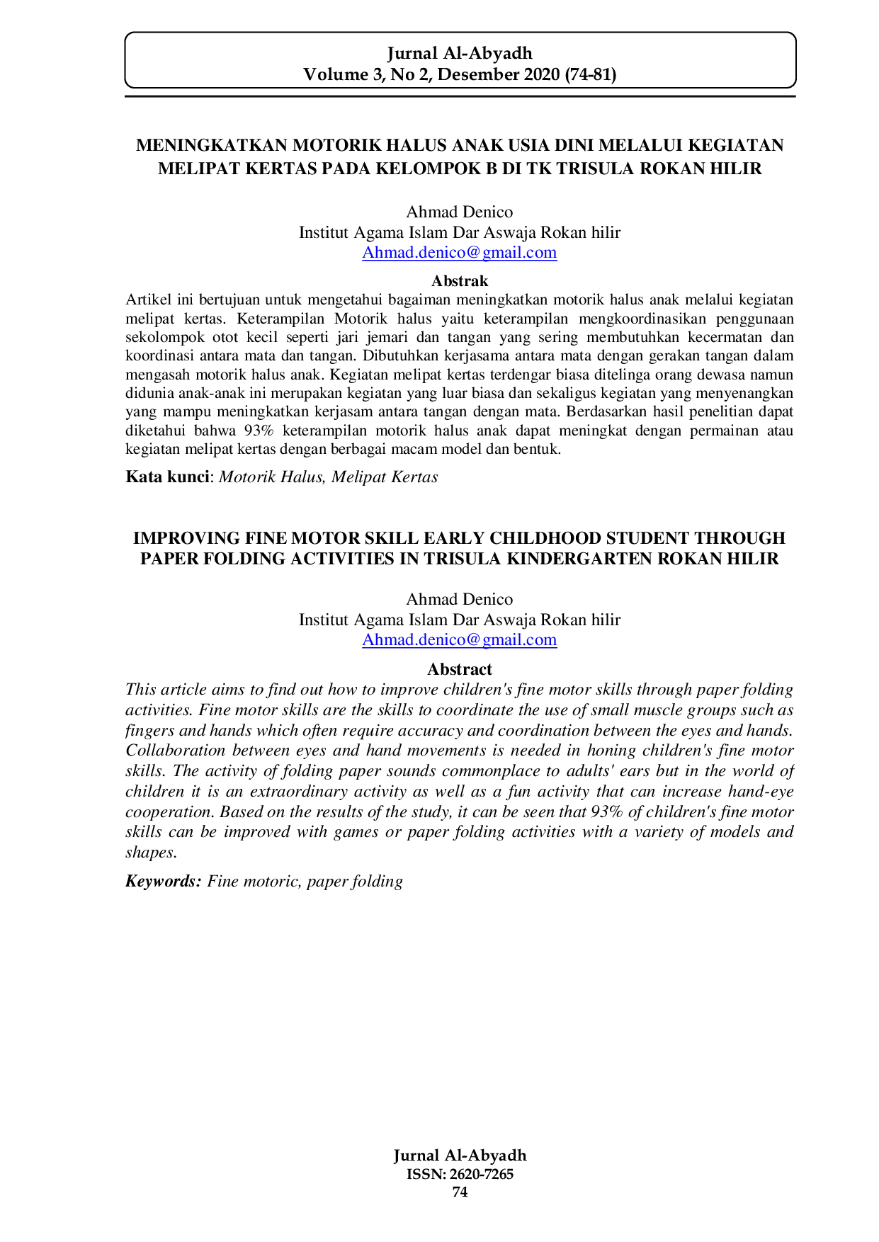 JURIS Meningkatkan Motorik Halus Anak Usia Dini Melalui Kegiatan Melipat Kertas pada Kelompok B di TK Trisula Rokan Hilir