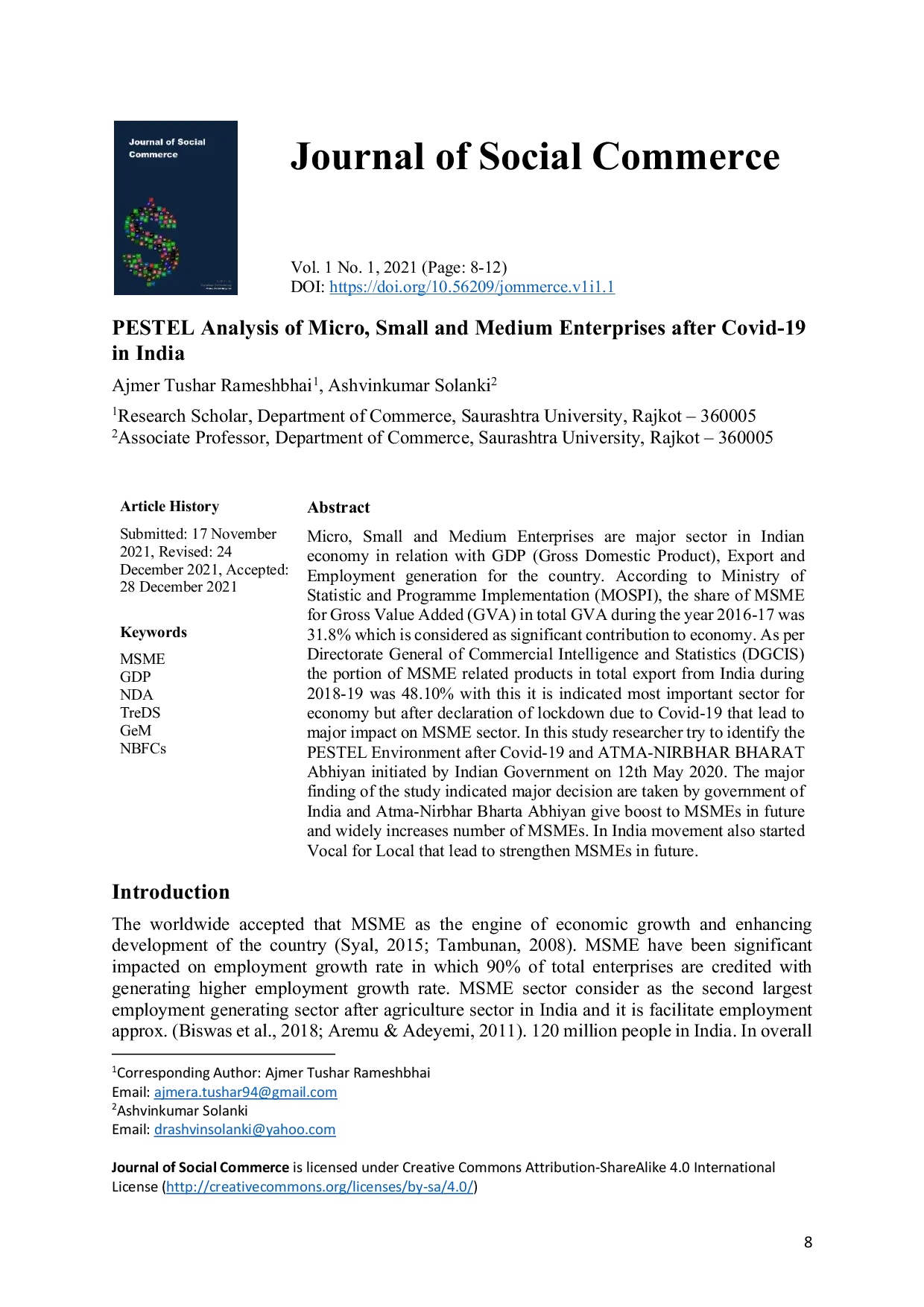 JURIS PASTEL Analysis of Micro Small and Medium Enterprises After Covid 19 in India