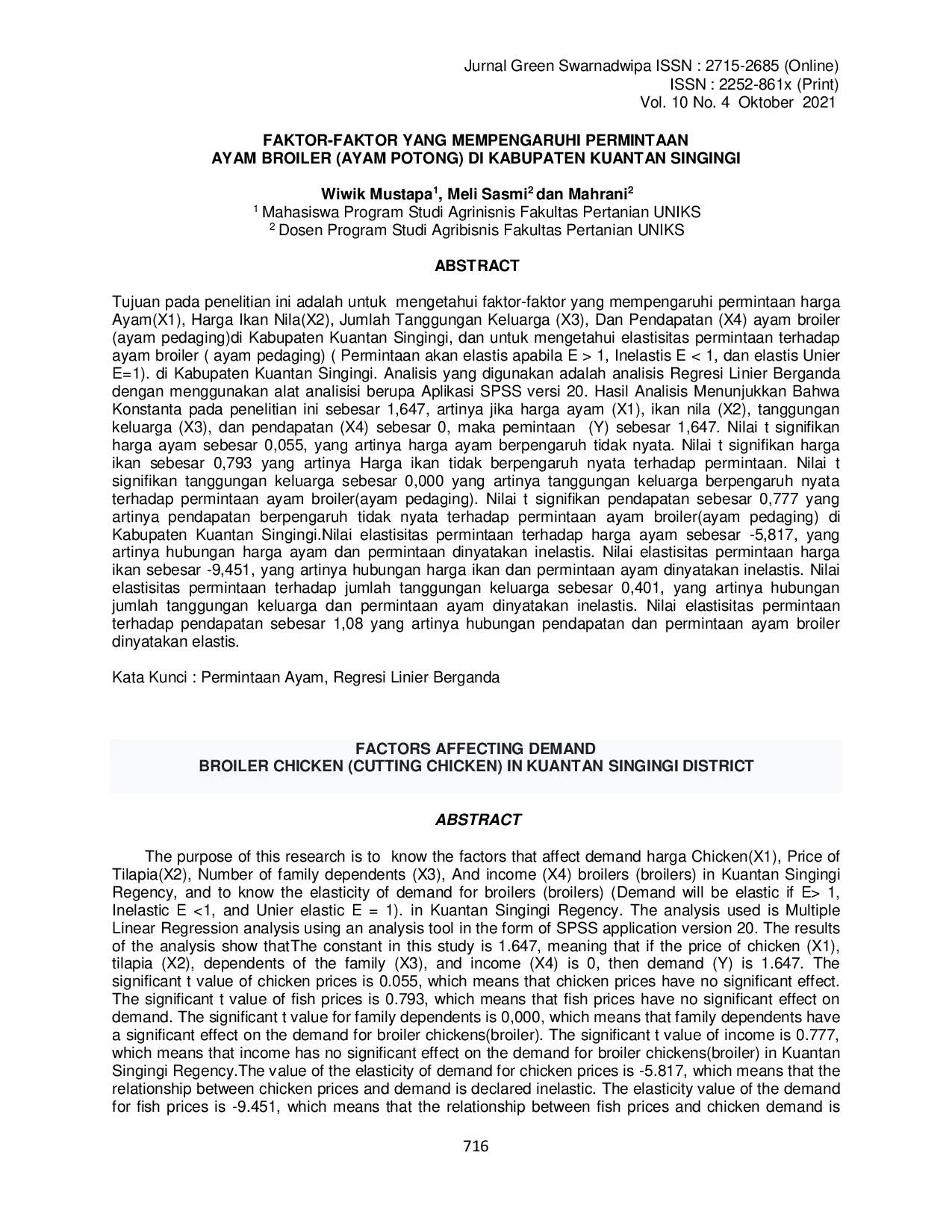 juris Faktor Faktor Yang Mempengaruhi Permintaan Ayam Broiler Ayam Potong Di Kabupaten Kuantan Singingi
