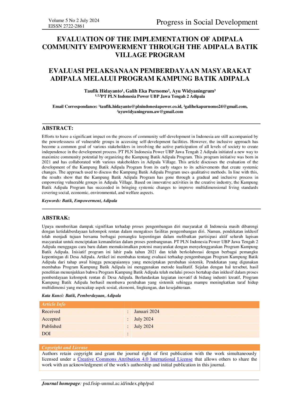 JURIS Evaluasi Pelaksanaan Pemberdayaan Masyarakat Adipala Melalui Program Kampung Batik Adipala