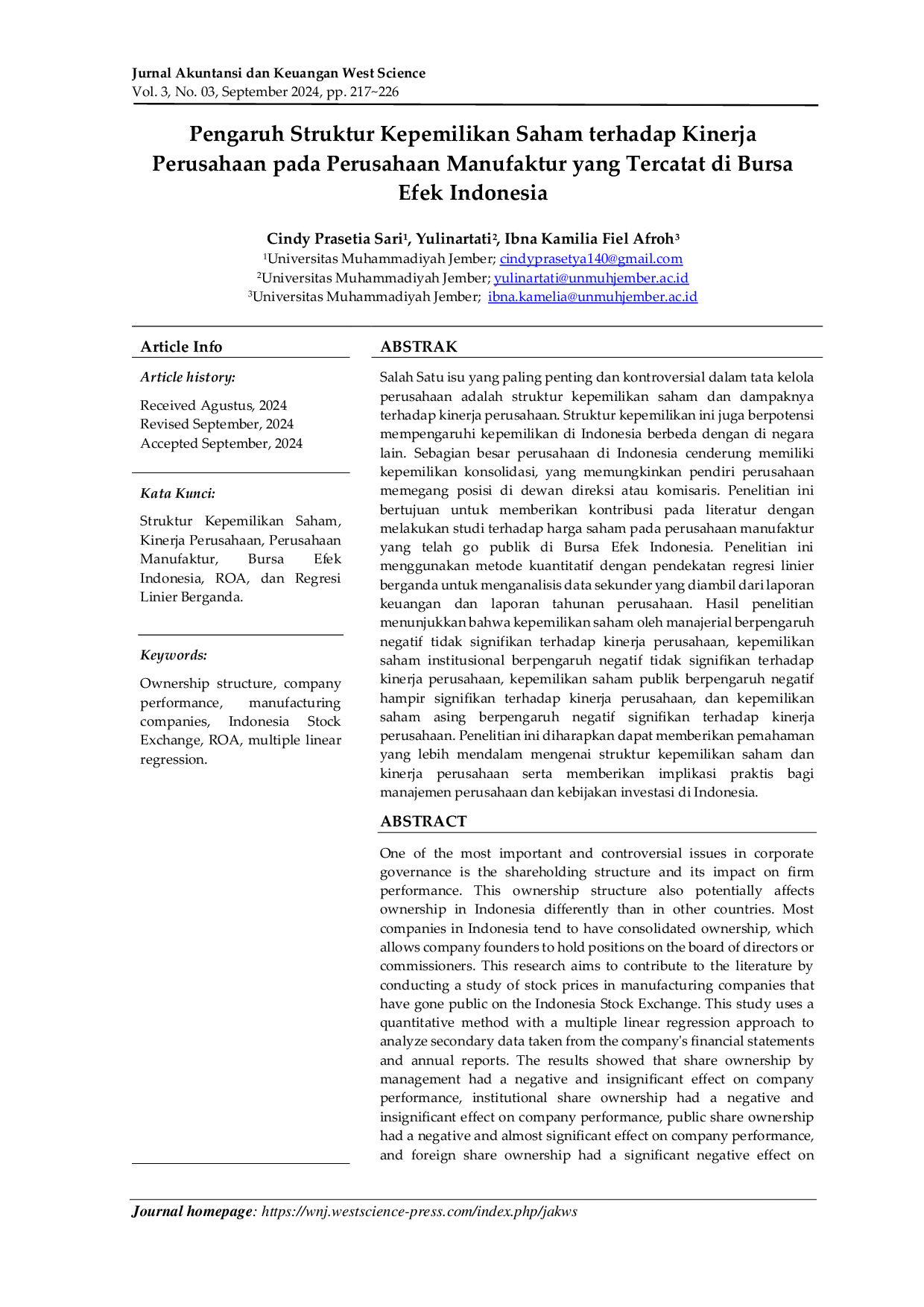 JURIS Pengaruh Struktur Kepemilikan Saham terhadap Kinerja Perusahaan pada Perusahaan Manufaktur yang Tercatat di Bursa Efek Indonesia
