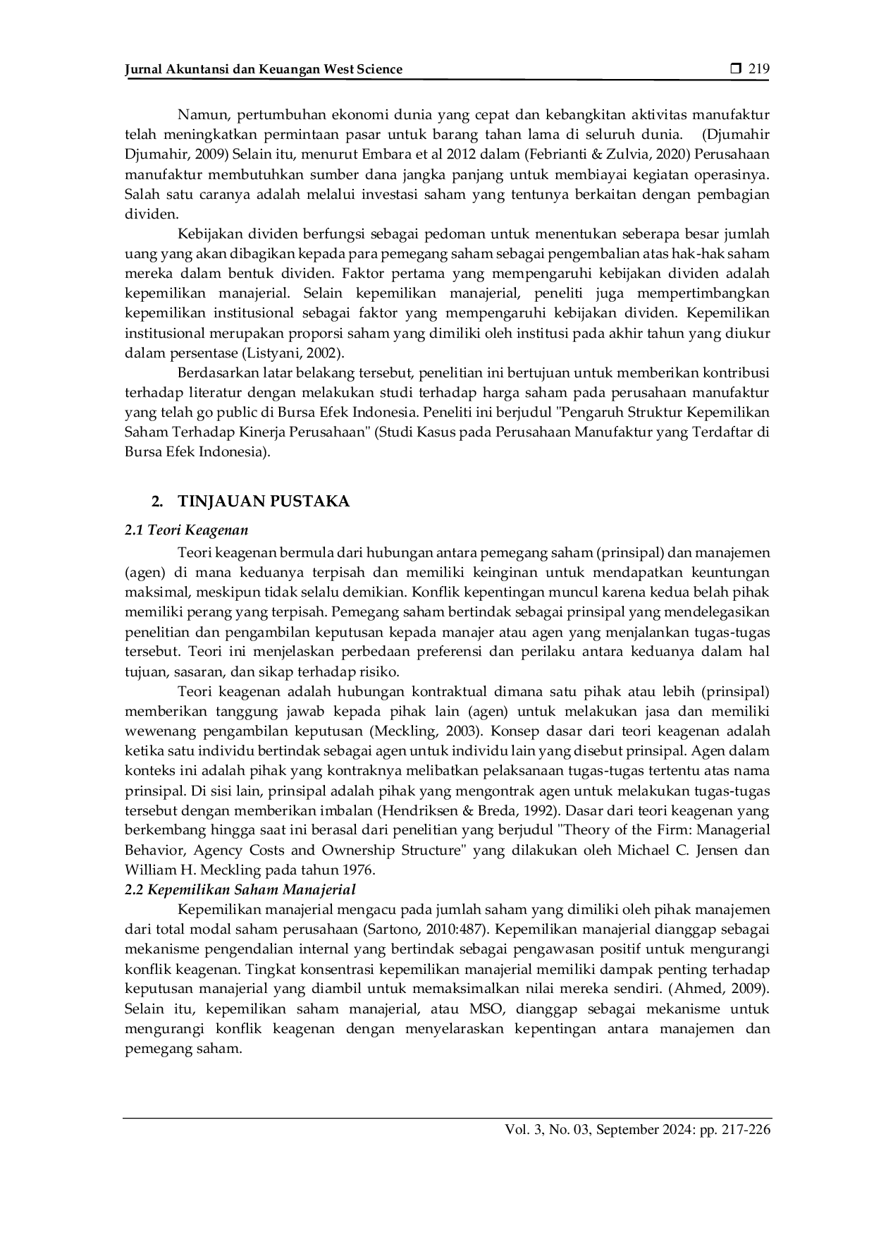 JURIS Pengaruh Struktur Kepemilikan Saham terhadap Kinerja Perusahaan pada Perusahaan Manufaktur yang Tercatat di Bursa Efek Indonesia