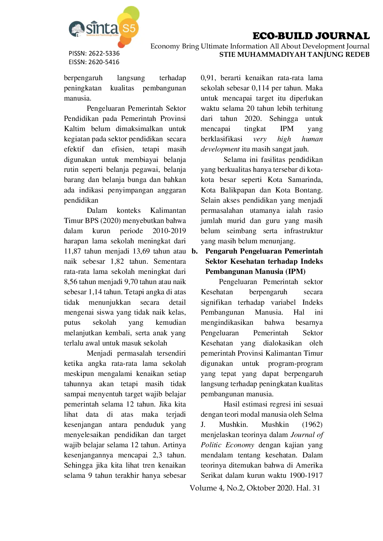 JURIS Analisis Pengaruh Pengeluaran Pemerintah Sektor Pendidikan Kesehatan dan Infrastruktur Terhadap Indeks Pembangunan Manusia di Provinsi Kalimantan Timur