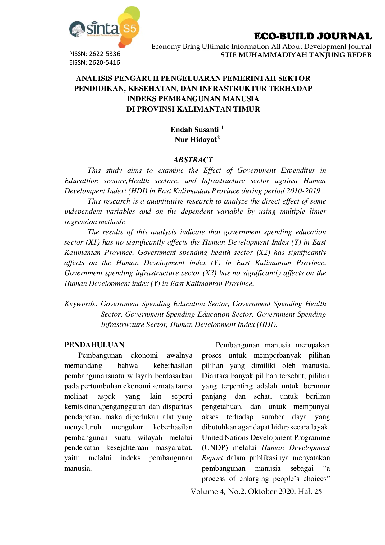 JURIS Analisis Pengaruh Pengeluaran Pemerintah Sektor Pendidikan Kesehatan dan Infrastruktur Terhadap Indeks Pembangunan Manusia di Provinsi Kalimantan Timur