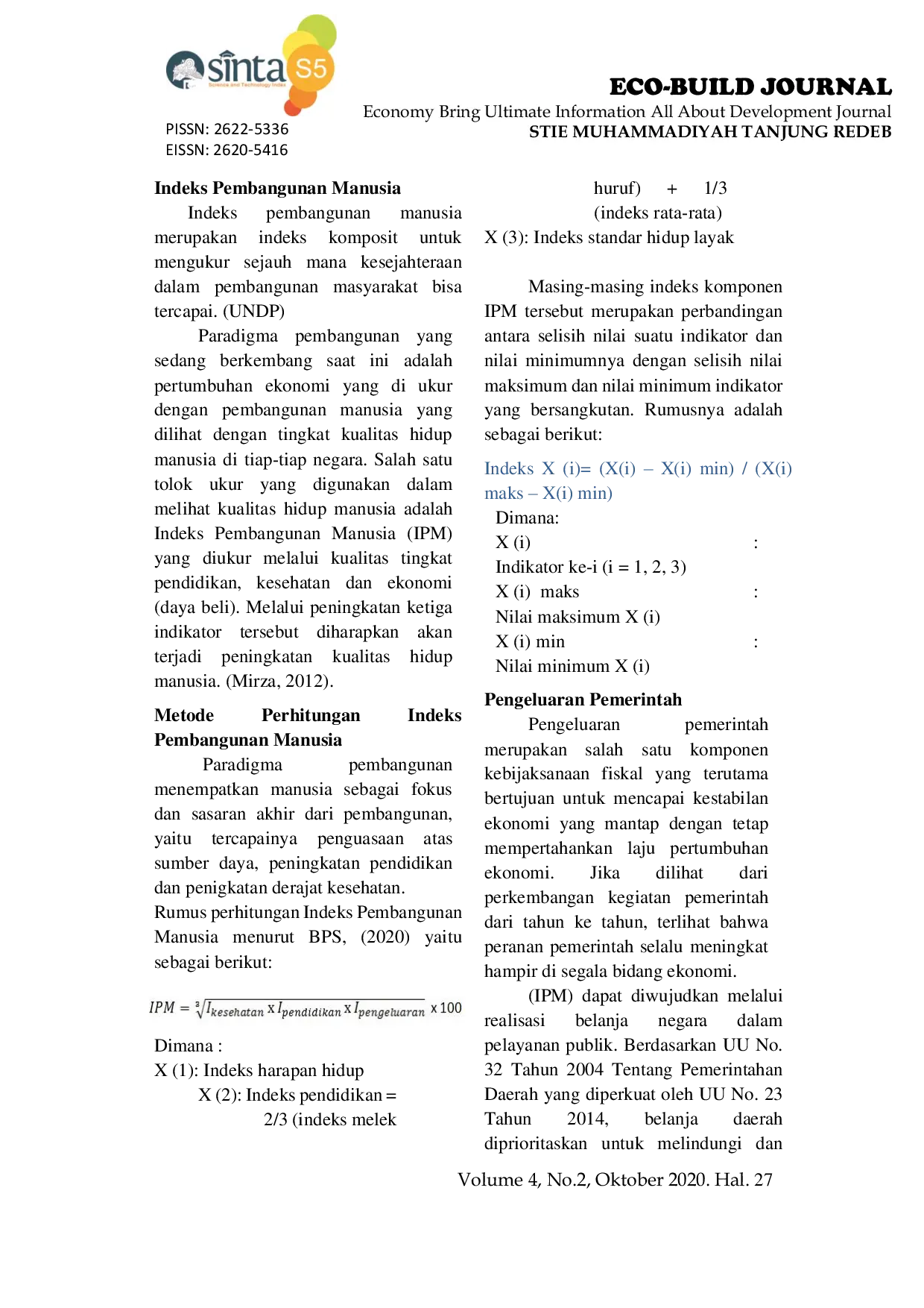 JURIS Analisis Pengaruh Pengeluaran Pemerintah Sektor Pendidikan Kesehatan dan Infrastruktur Terhadap Indeks Pembangunan Manusia di Provinsi Kalimantan Timur