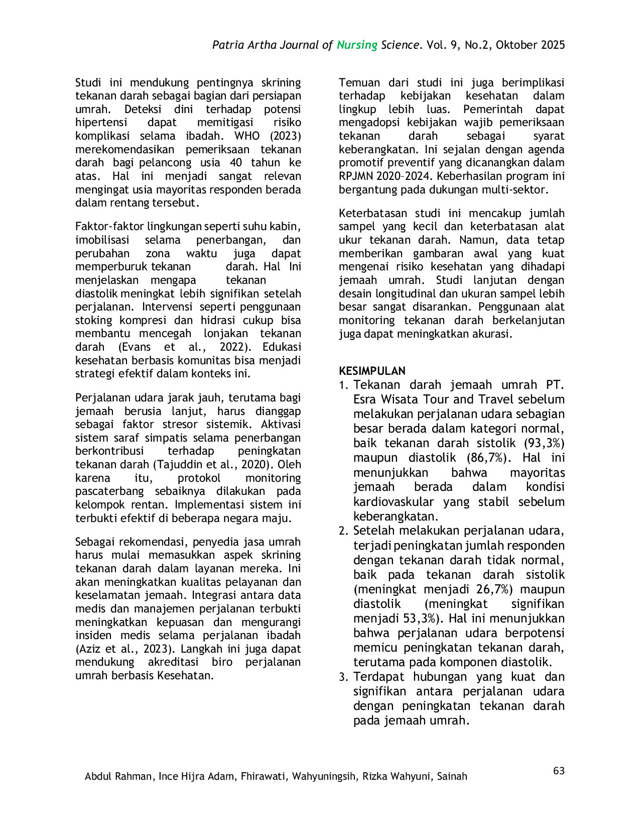 JURIS Analisis Pengaruh Perjalanan Udara Terhadap Peningkatan Tekanan Darah Pada Jemaah Umrah PT Esra Wisata Tour And Travel