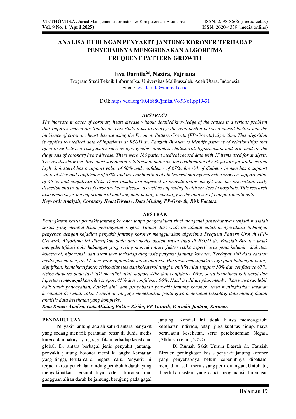 JURIS Analisa Hubungan Penyakit Jantung Koroner Terhadap Penyebabnya Menggunakan Algoritma Frequent Pattern Growth