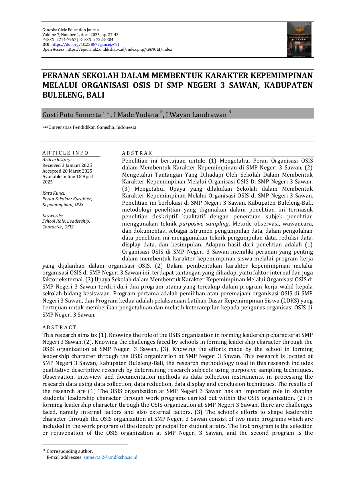 JURIS Peranan Sekolah dalam Membentuk Karakter Kepemimpinan Melalui Organisasi OSIS di SMP Negeri 3 Sawan Kabupaten Buleleng Bali