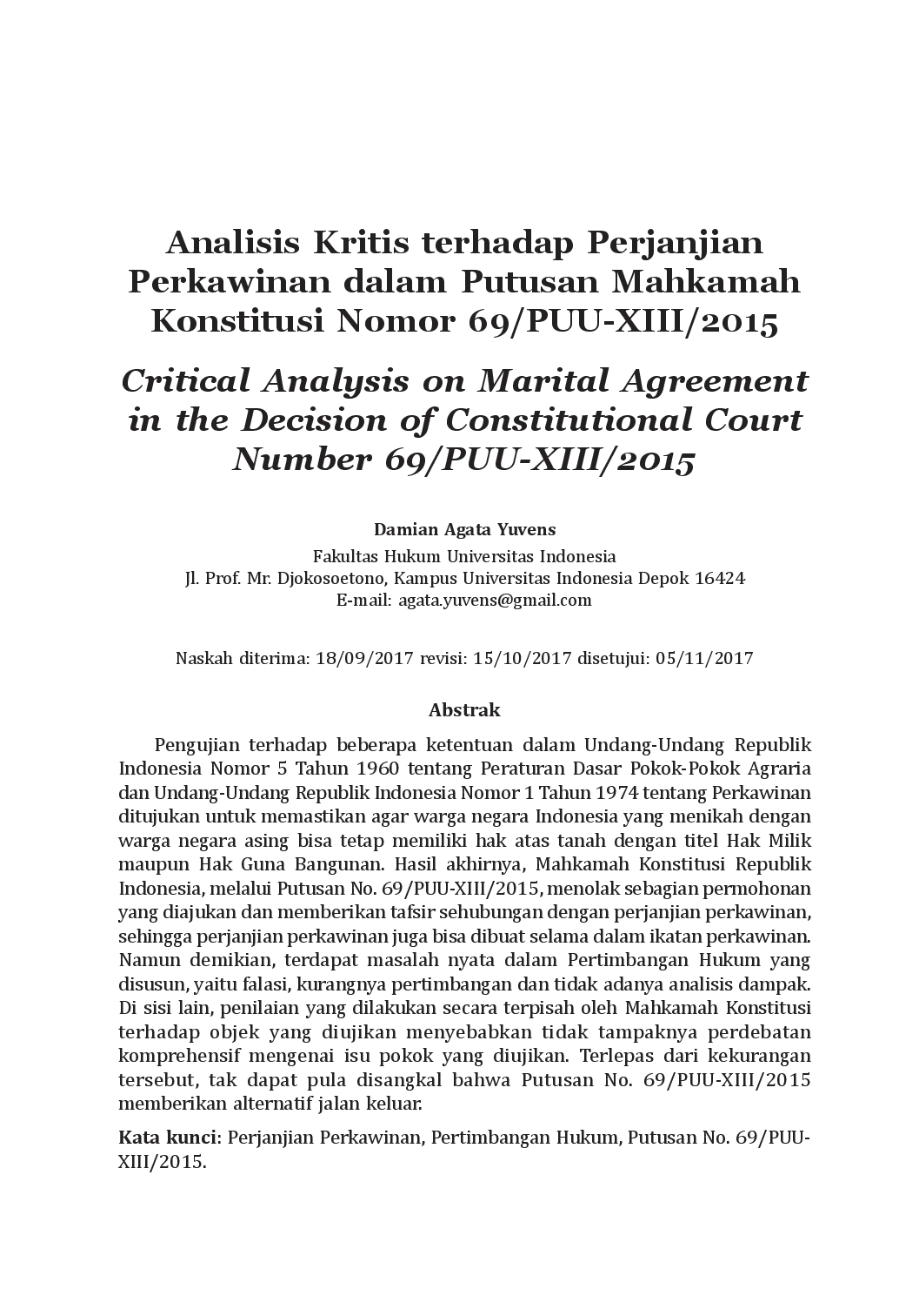 juris Analisis Kritis terhadap Perjanjian Perkawinan dalam Putusan Mahkamah Konstitusi Nomor 69 PUU XIII 2015