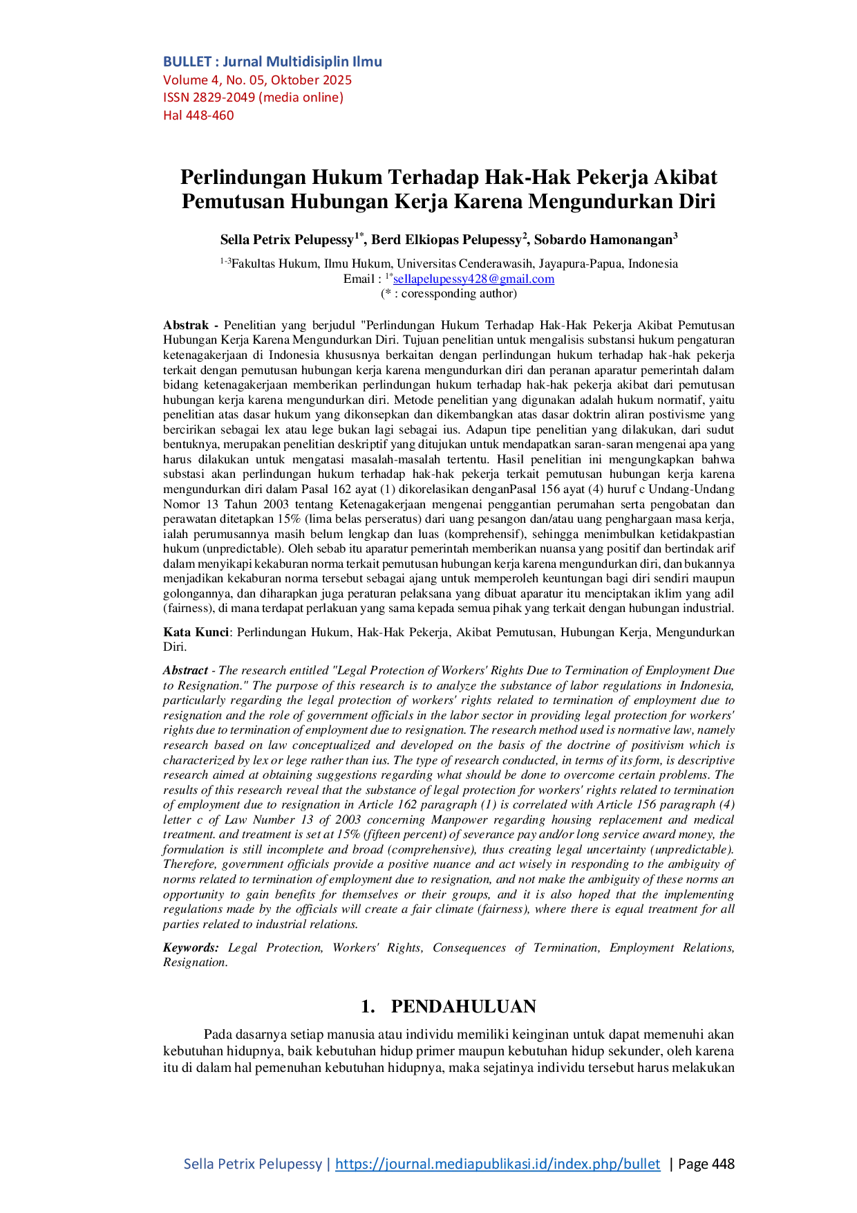 JURIS Perlindungan Hukum Terhadap Hak Hak Pekerja Akibat Pemutusan Hubungan Kerja Karena Mengundurkan Diri