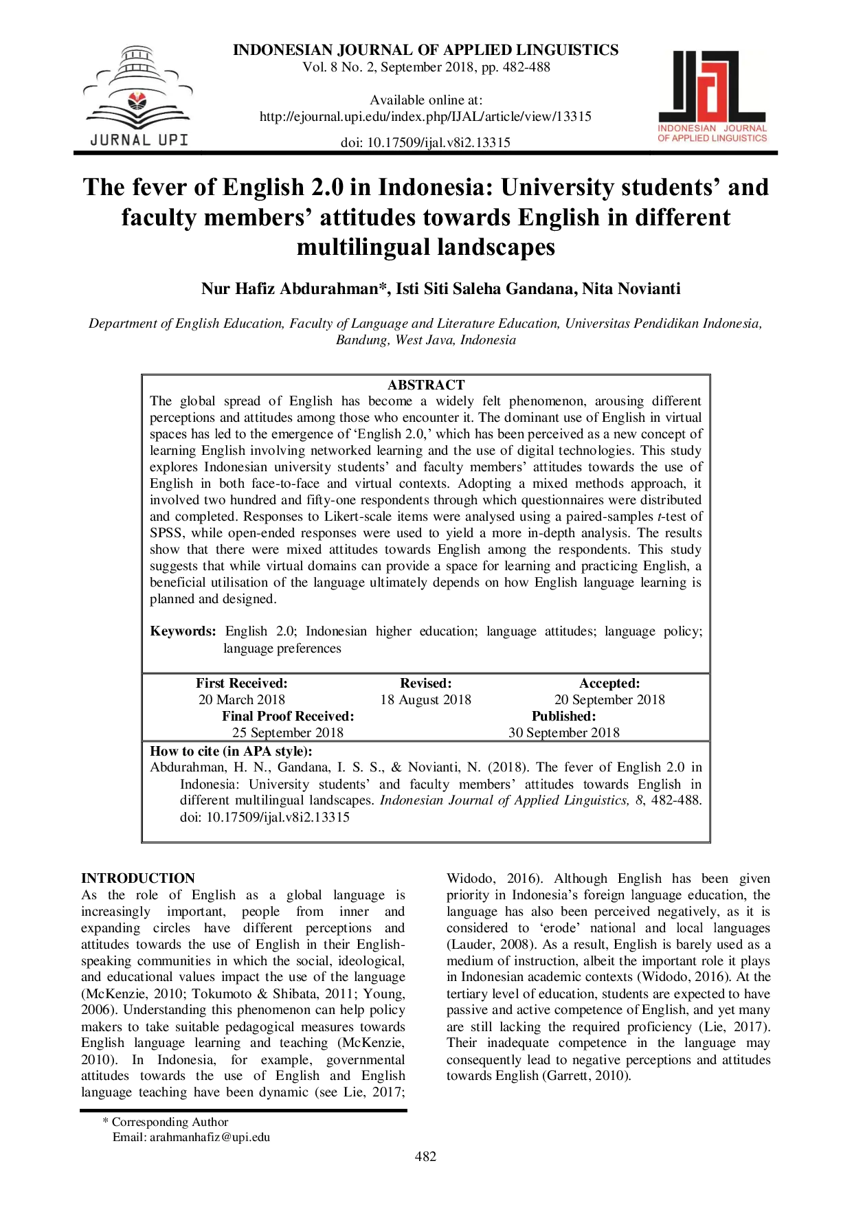 JURIS The fever of English 2 0 in Indonesia University students and faculty members attitudes towards English in different multilingual landscapes