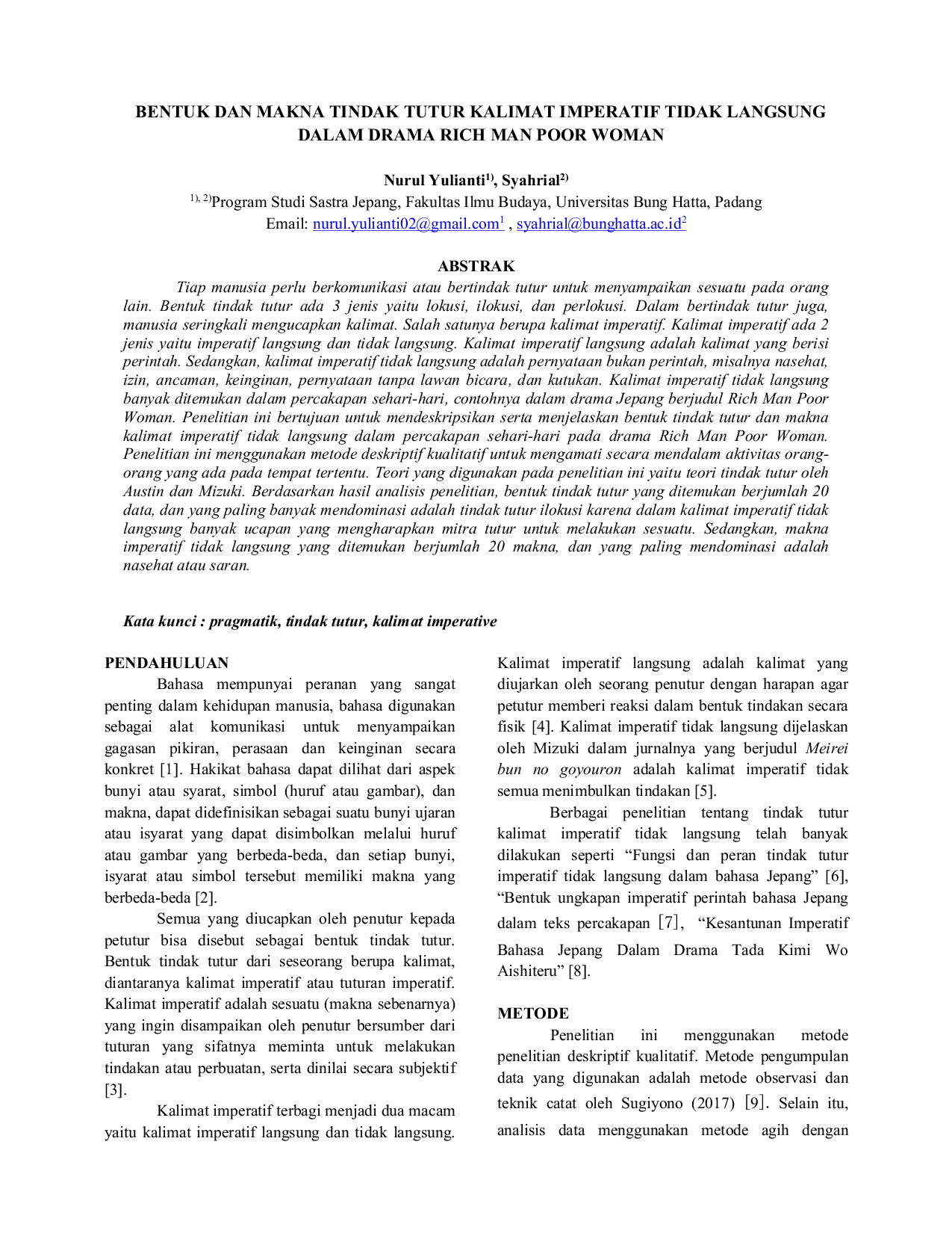 JURIS Bentuk Dan Makna Tindak Tutur Kalimat Imperatif Tidak Langsung Dalam Drama Rich Man Poor Woman