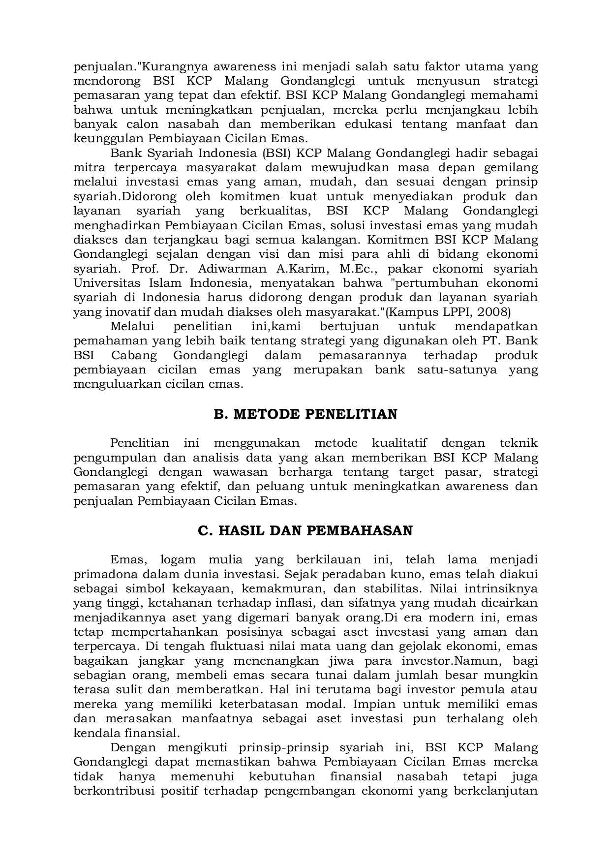 JURIS Strategi Pemasaran Produk Cicilan Emas pada Lembaga Keuangan Syariah di Bank BSI KCP Gondanglegi