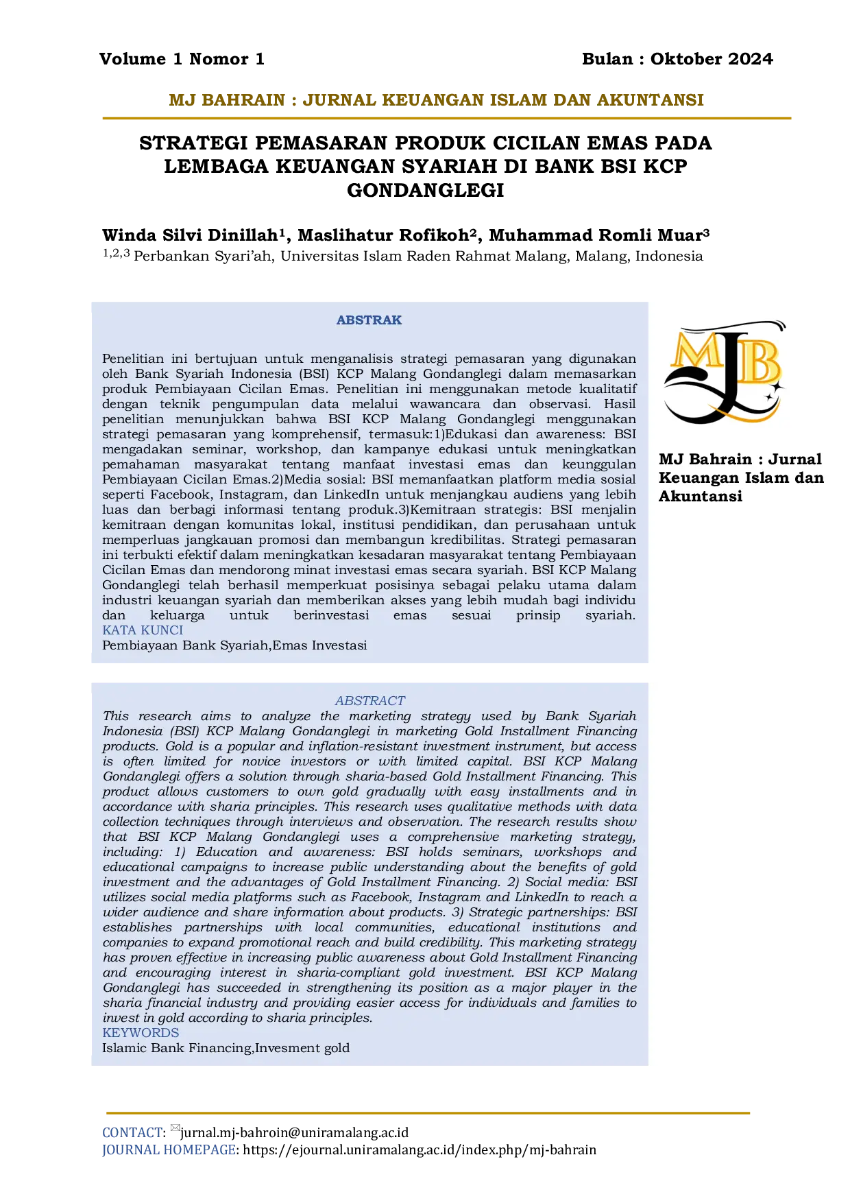 JURIS Strategi Pemasaran Produk Cicilan Emas pada Lembaga Keuangan Syariah di Bank BSI KCP Gondanglegi