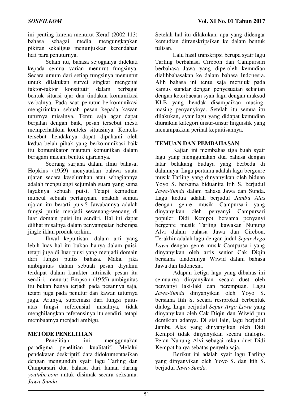 JURIS LAGU TARLING DAN CAMPURSARI DUA BAHASA Realisasi Linguistik Puitis Dalam Komunikasi Lintas Budaya