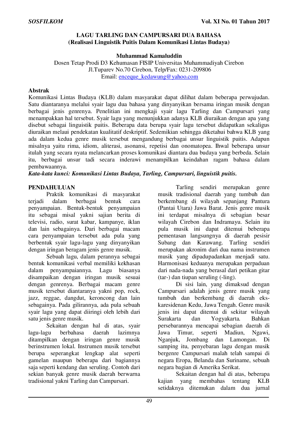 JURIS LAGU TARLING DAN CAMPURSARI DUA BAHASA Realisasi Linguistik Puitis Dalam Komunikasi Lintas Budaya