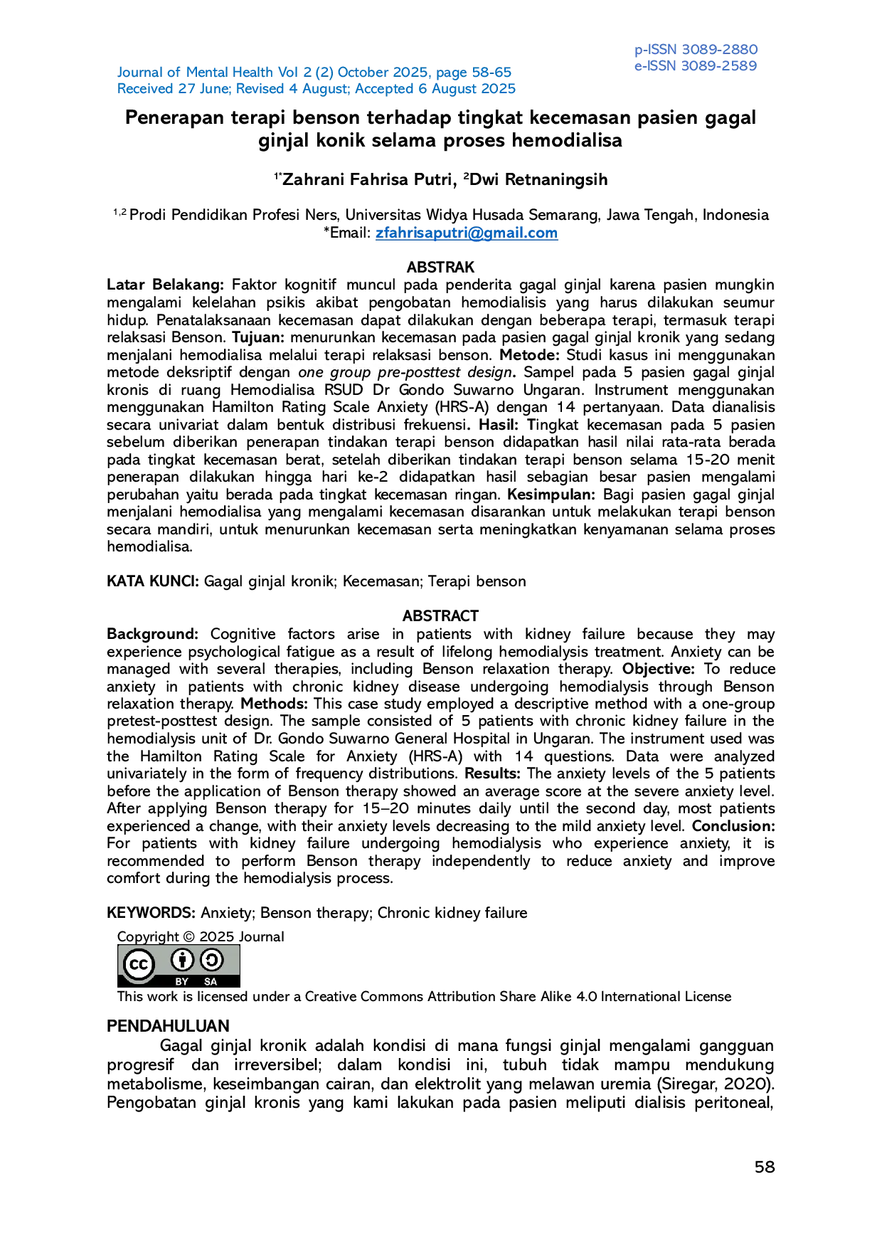 JURIS Penerapan terapi benson terhadap tingkat kecemasan pasien gagal ginjal konik selama proses hemodialisa