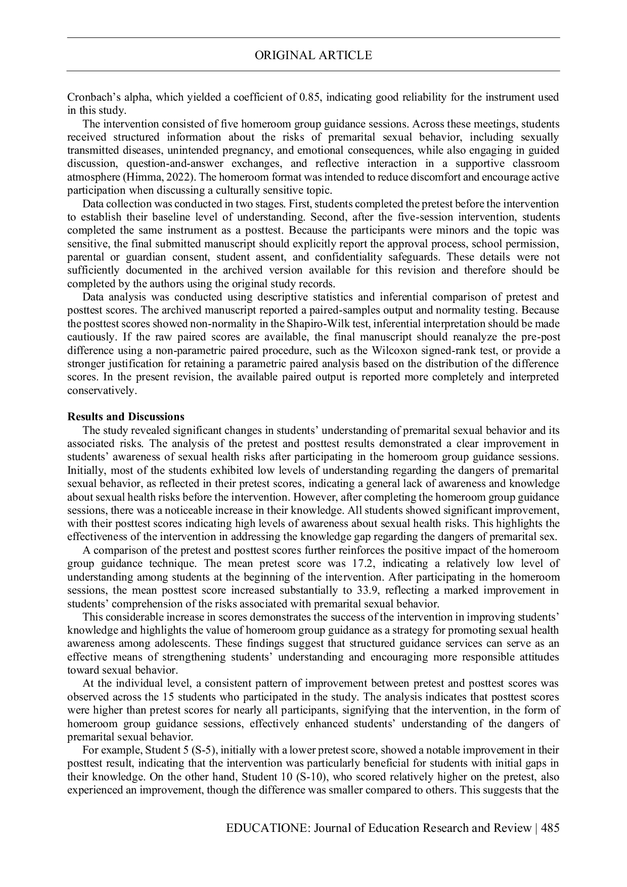 JURIS Homeroom Group Guidance and Students Understanding of the Risks of Premarital Sexual Behavior