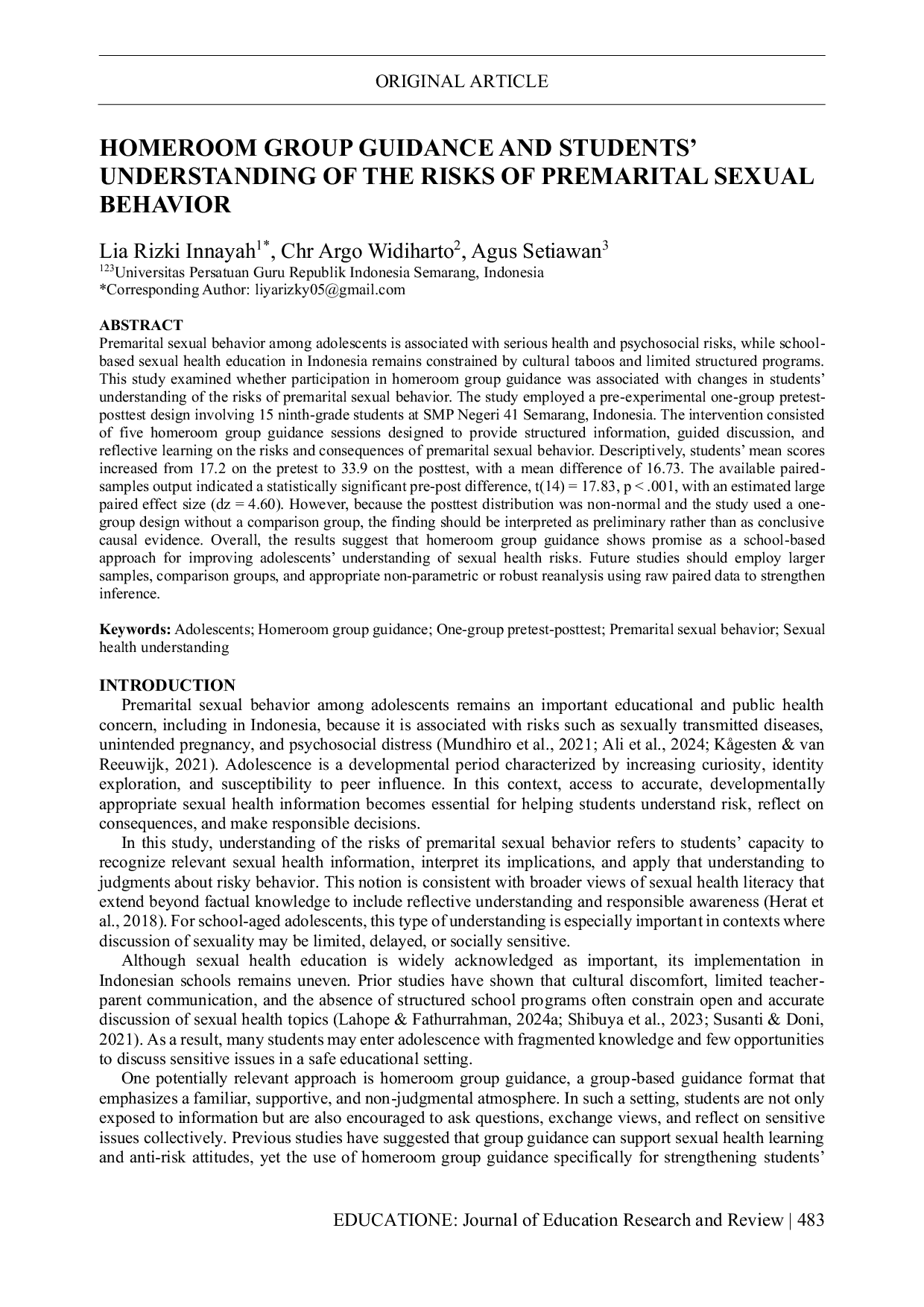 JURIS Homeroom Group Guidance and Students Understanding of the Risks of Premarital Sexual Behavior