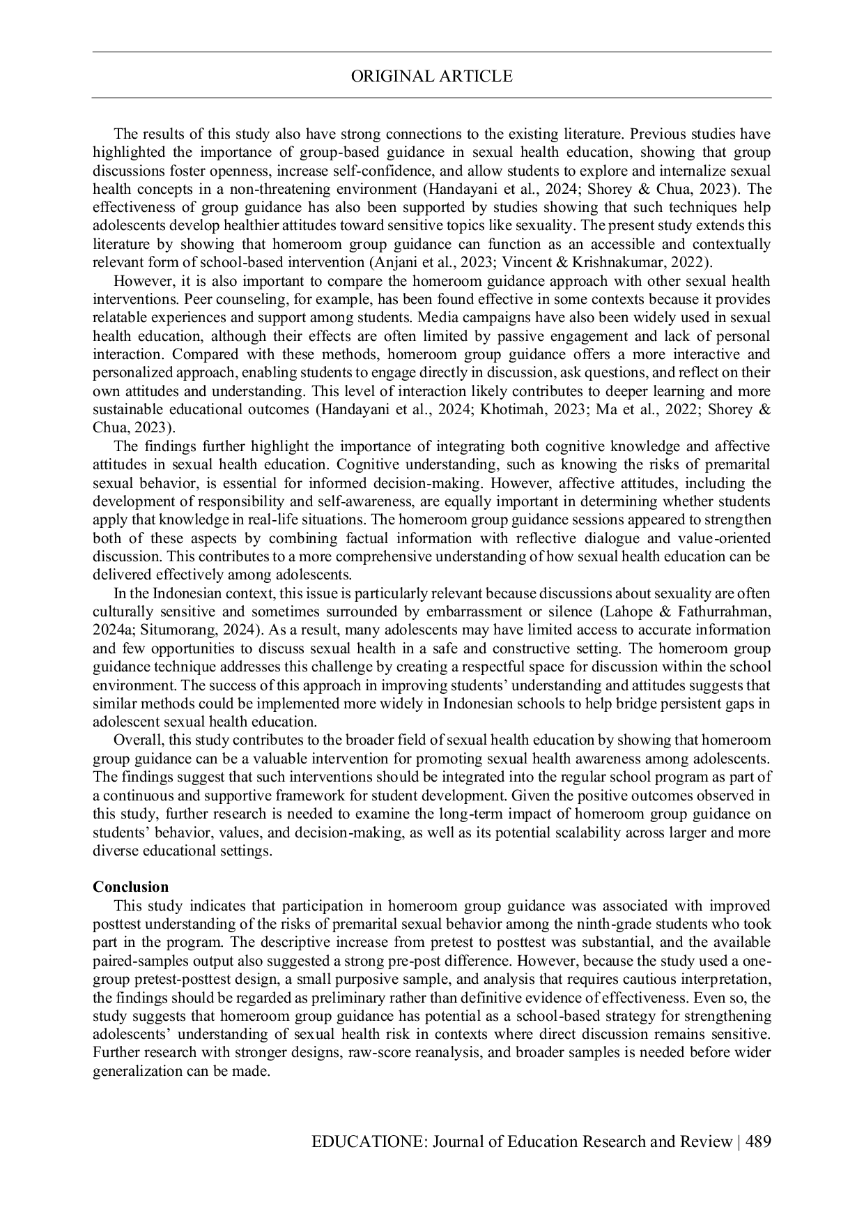 JURIS Homeroom Group Guidance and Students Understanding of the Risks of Premarital Sexual Behavior