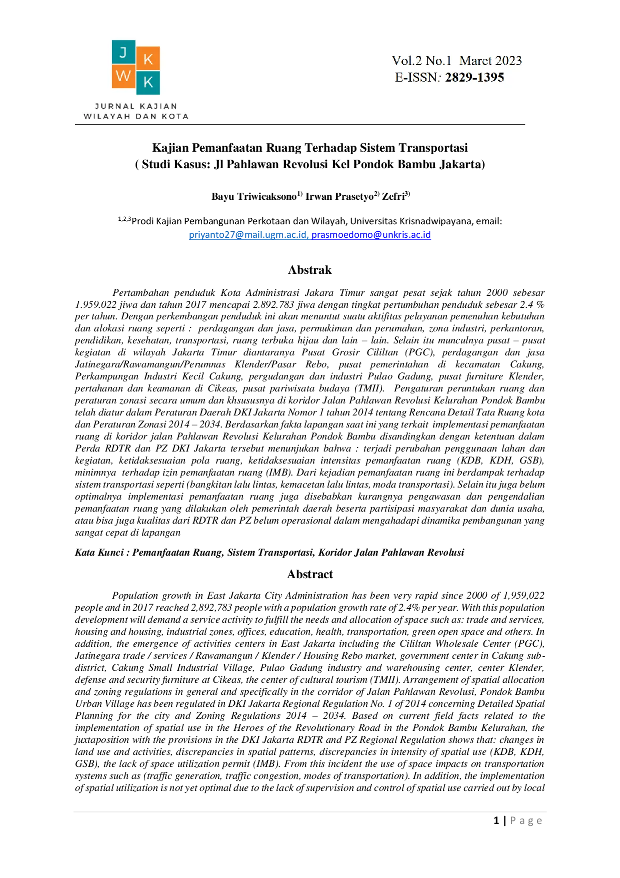 JURIS Kajian Pemanfaatan Ruang Terhadap Sistem Transportasi Studi Kasus Jl Pahlawan Revolusi Kel Pondok Bambu Jakarta