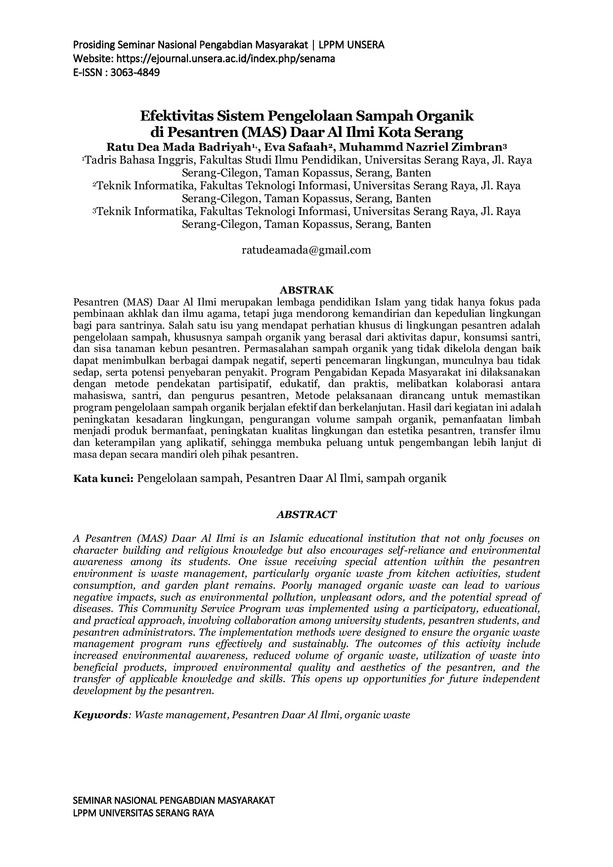 JURIS Efektivitas Sistem Pengelolaan Sampah Organik di Pesantren MAS Daar Al Ilmi Kota Serang