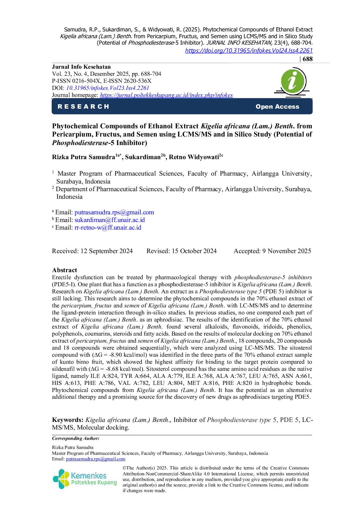 JURIS Phytochemical Compounds of Ethanol Extract Kigelia africana Lam Benth from Pericarpium Fructus and Semen using LCMS MS and in Silico Study Potential of Phosphodiesterase 5 Inhibitor