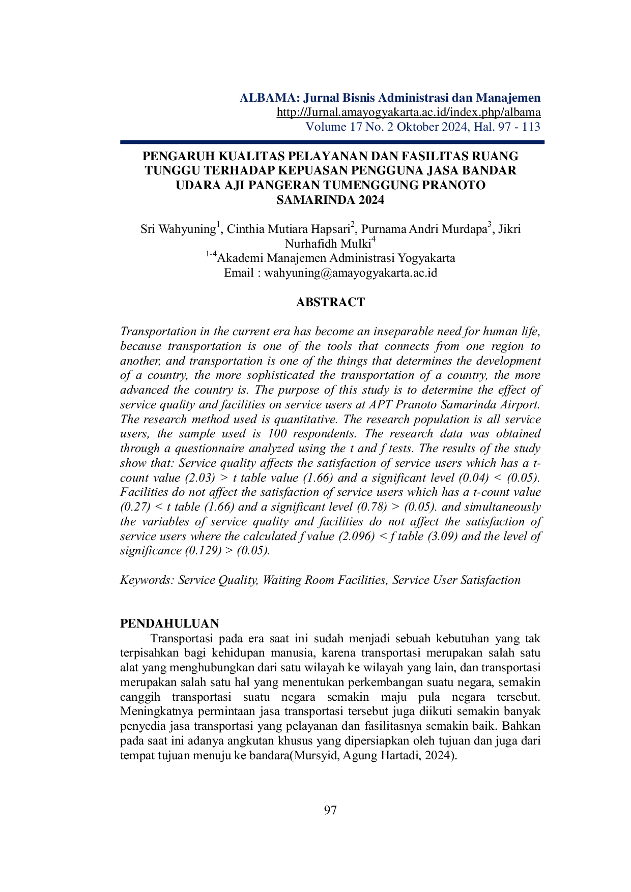 JURIS Pengaruh Kualitas Pelayanan Dan Fasilitas Ruang Tunggu Terhadap Kepuasan Pengguna Jasa Bandar Udara Aji Pangeran Tumenggung Pranoto Samarinda 2024