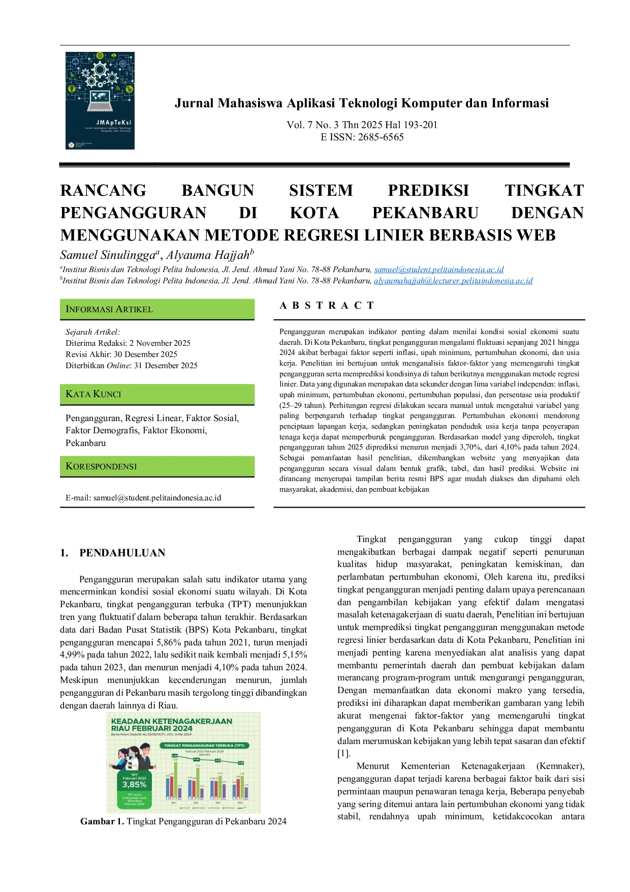 JURIS Rancang Bangun Sistem Prediksi Tingkat Pengangguran Di Kota Pekanbaru Dengan Metode Regresi Linier Berbasis Web