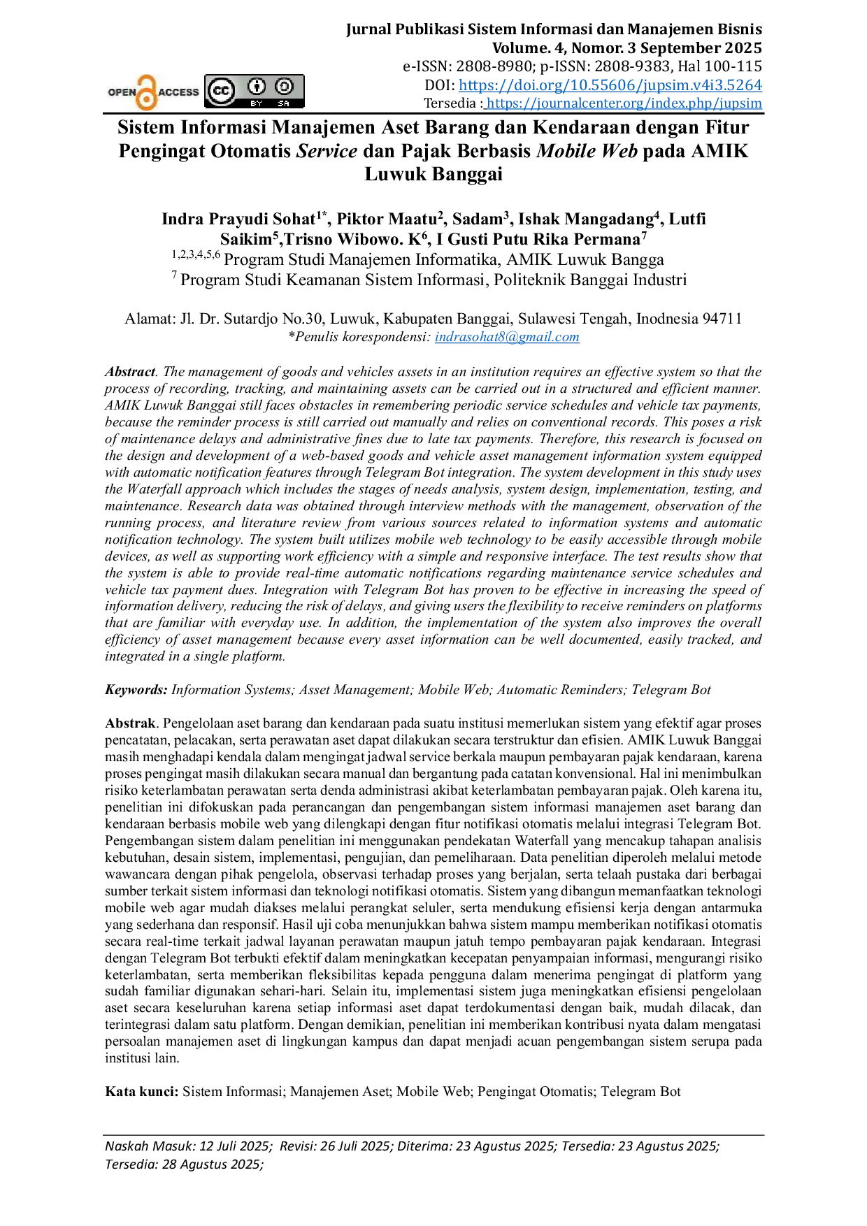 JURIS Sistem Informasi Manajemen Aset Barang dan Kendaraan Dengan Fitur Pengingat Otomatis Service dan Pajak Berbasis Mobile Web Pada Amik Luwuk Banggai