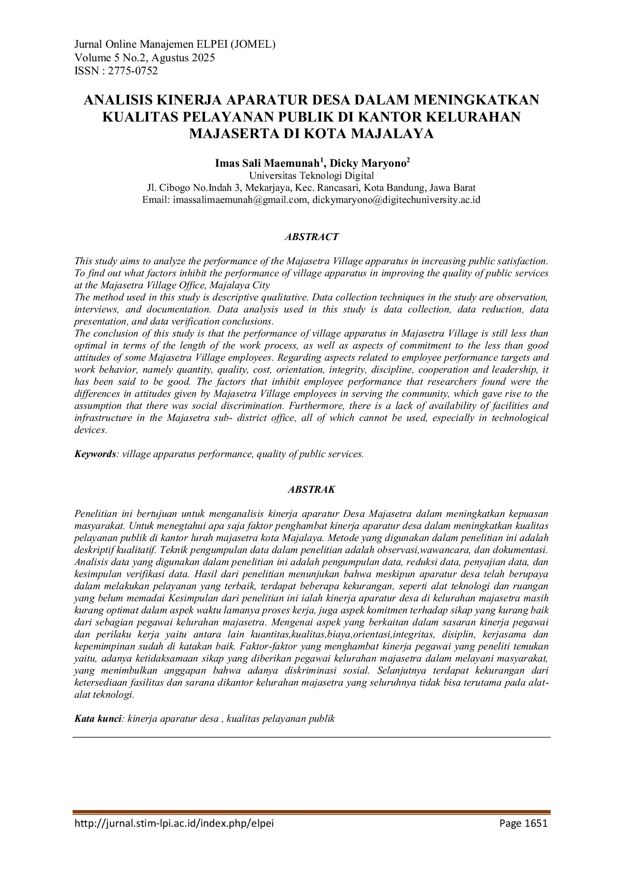 JURIS Analisis Kinerja Aparatur Desa Dalam Meningkatkan Kualitas Pelayanan Publik Di Kantor Kelurahan Majaserta Di Kota Majalaya