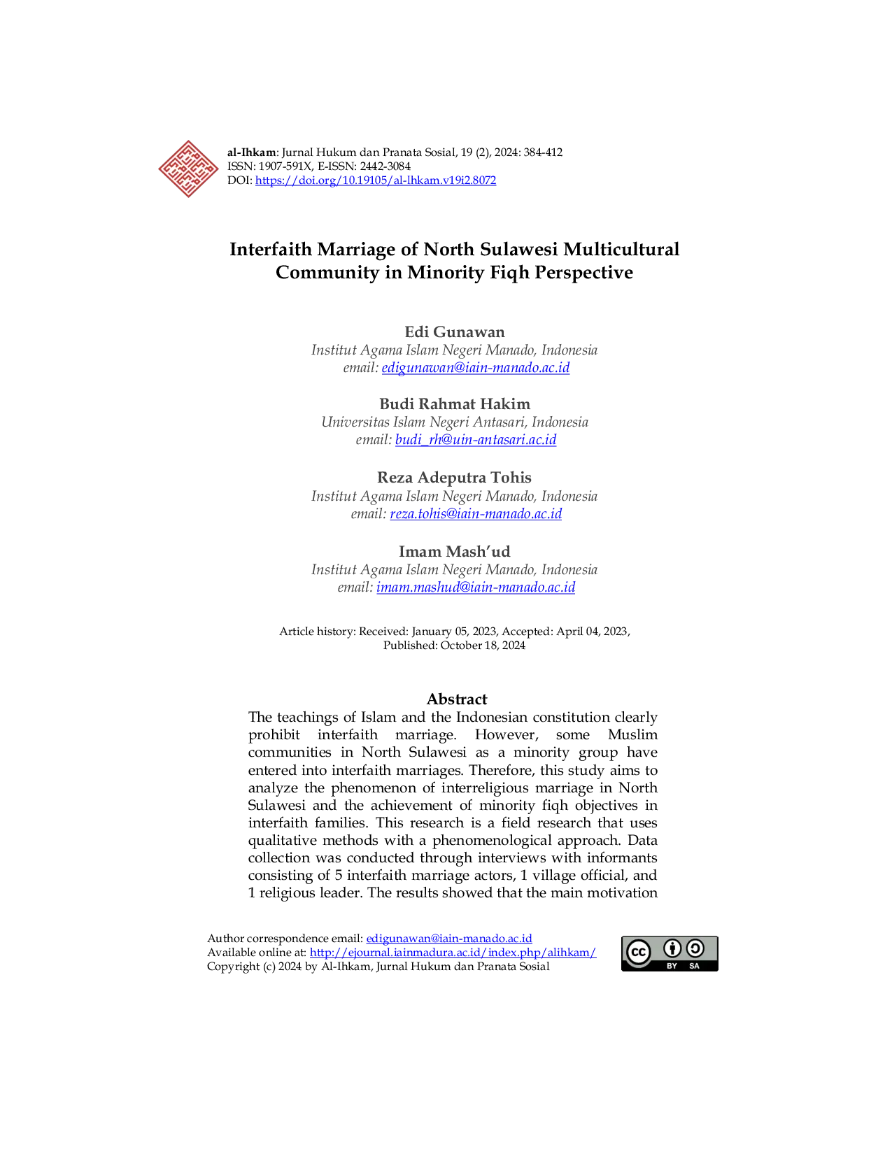 JURIS Interfaith Marriage of North Sulawesi Multicultural Community in Minority Fiqh Perspective