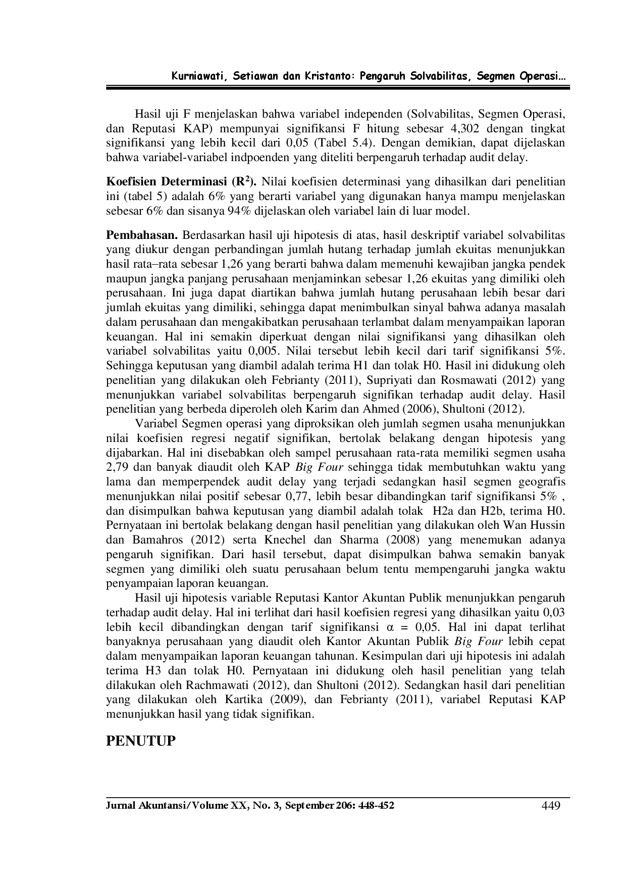 juris Pengaruh Solvabilitas Segmen Operasi dan Reputasi KAP terhadap Audit Delay pada Perusahaan Manufaktur di Indonesia