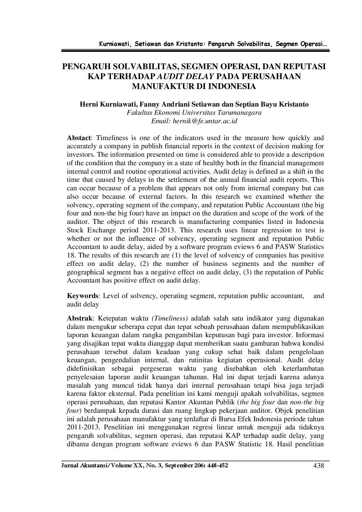 juris Pengaruh Solvabilitas Segmen Operasi dan Reputasi KAP terhadap Audit Delay pada Perusahaan Manufaktur di Indonesia