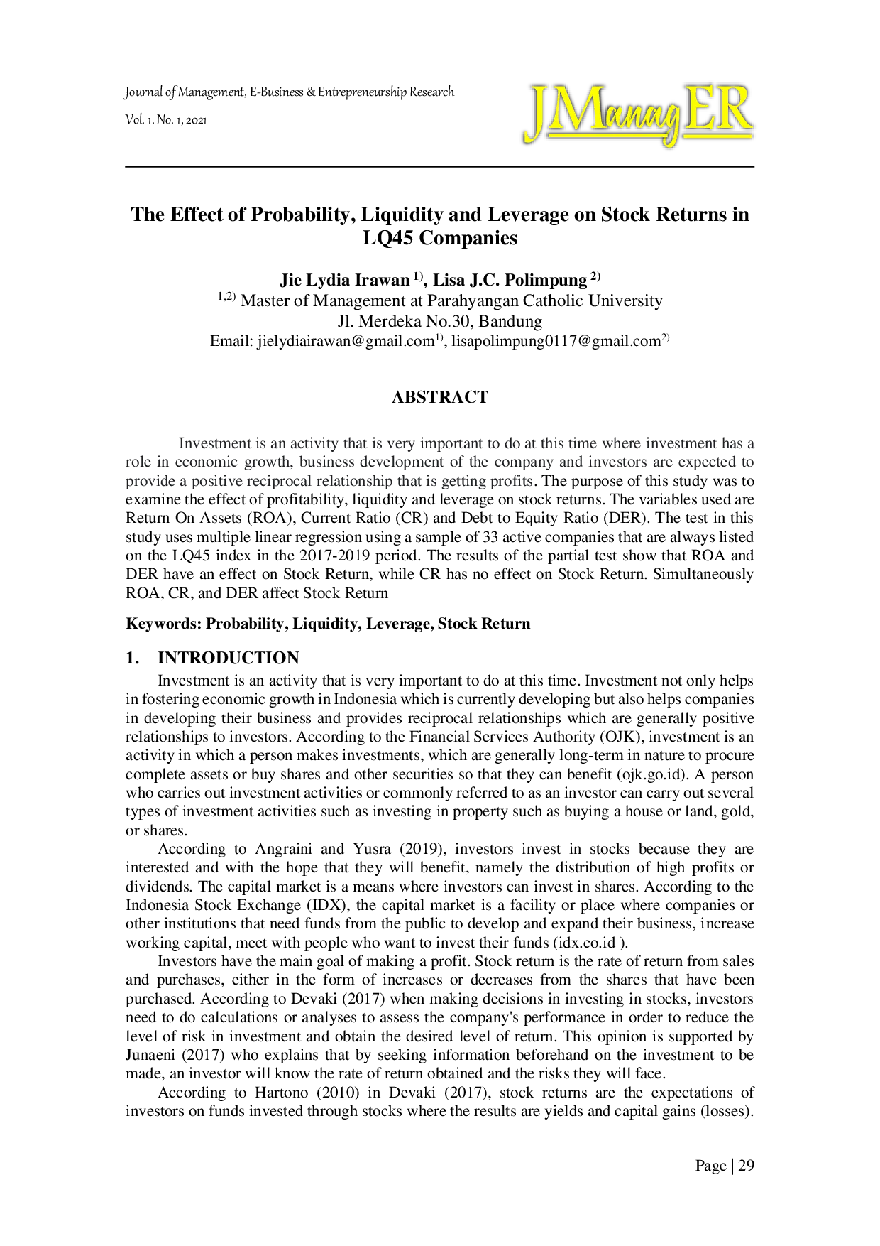JURIS The Effect of Probability Liquidity and Leverage on Stock Returns in LQ45 Companies