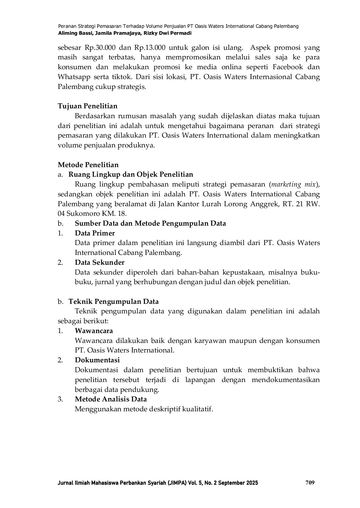 JURIS Peranan Strategi Pemasaran Terhadap Volume Penjualan PT Oasis Waters International Cabang Palembang