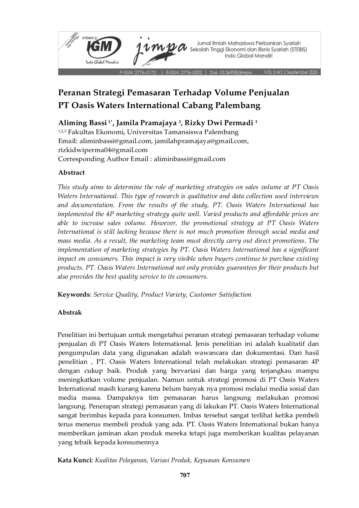 JURIS Peranan Strategi Pemasaran Terhadap Volume Penjualan PT Oasis Waters International Cabang Palembang