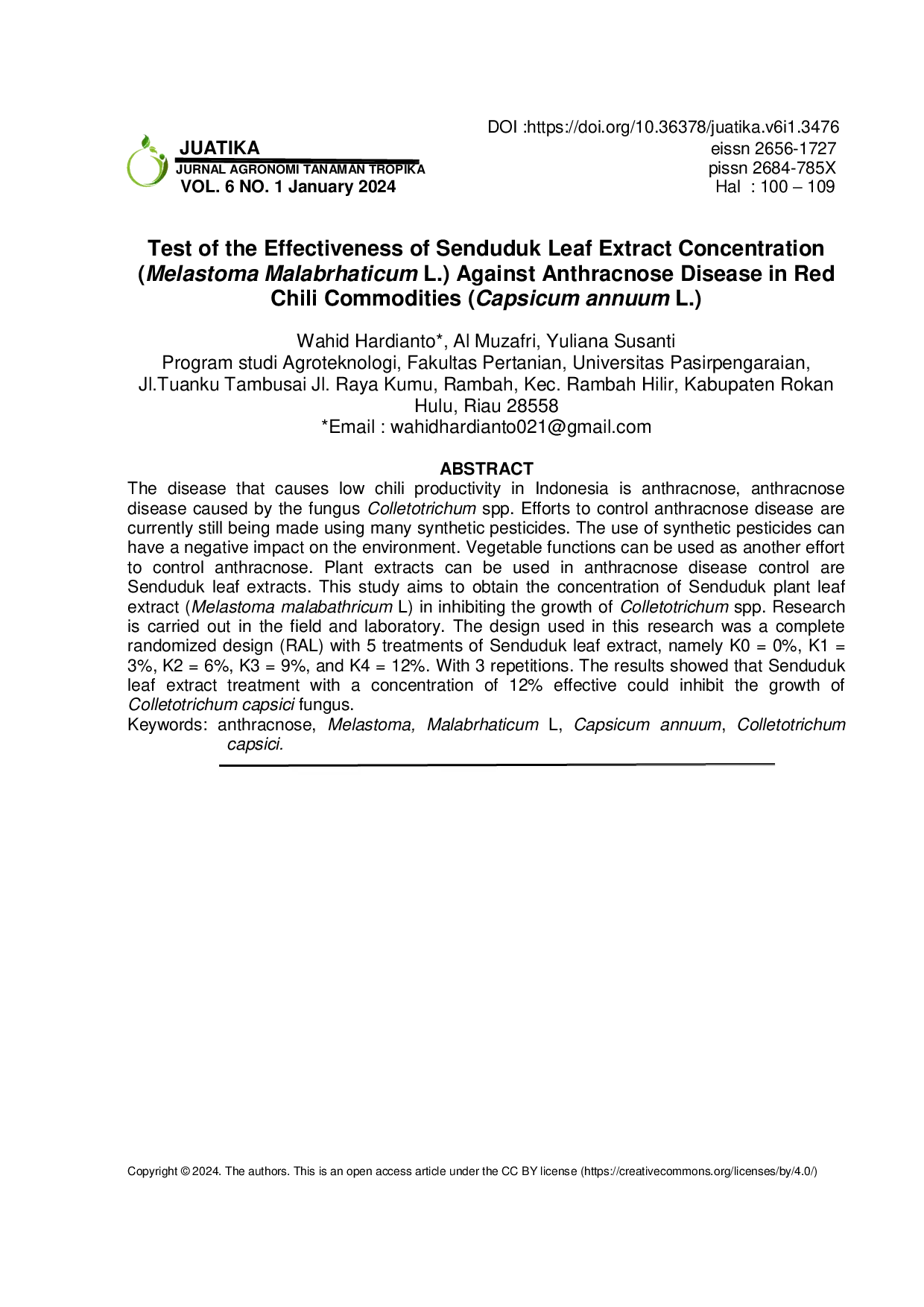 JURIS Test Of The Effectiveness Of Senduduk Leaf Extract Concentration Melastoma Malabrhaticum L Against Anthracnose Disease In Red Chili Commodities Capsicum Annuum L