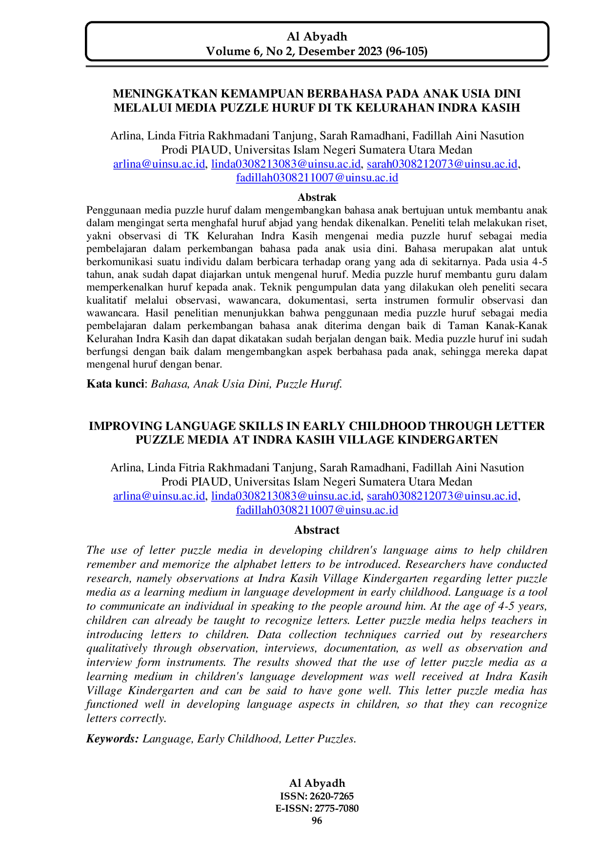 JURIS Meningkatkan Kemampuan Berbahasa Pada Anak Usia Dini Melalui Media Puzzle Huruf Di Tk Kelurahan Indra Kasih