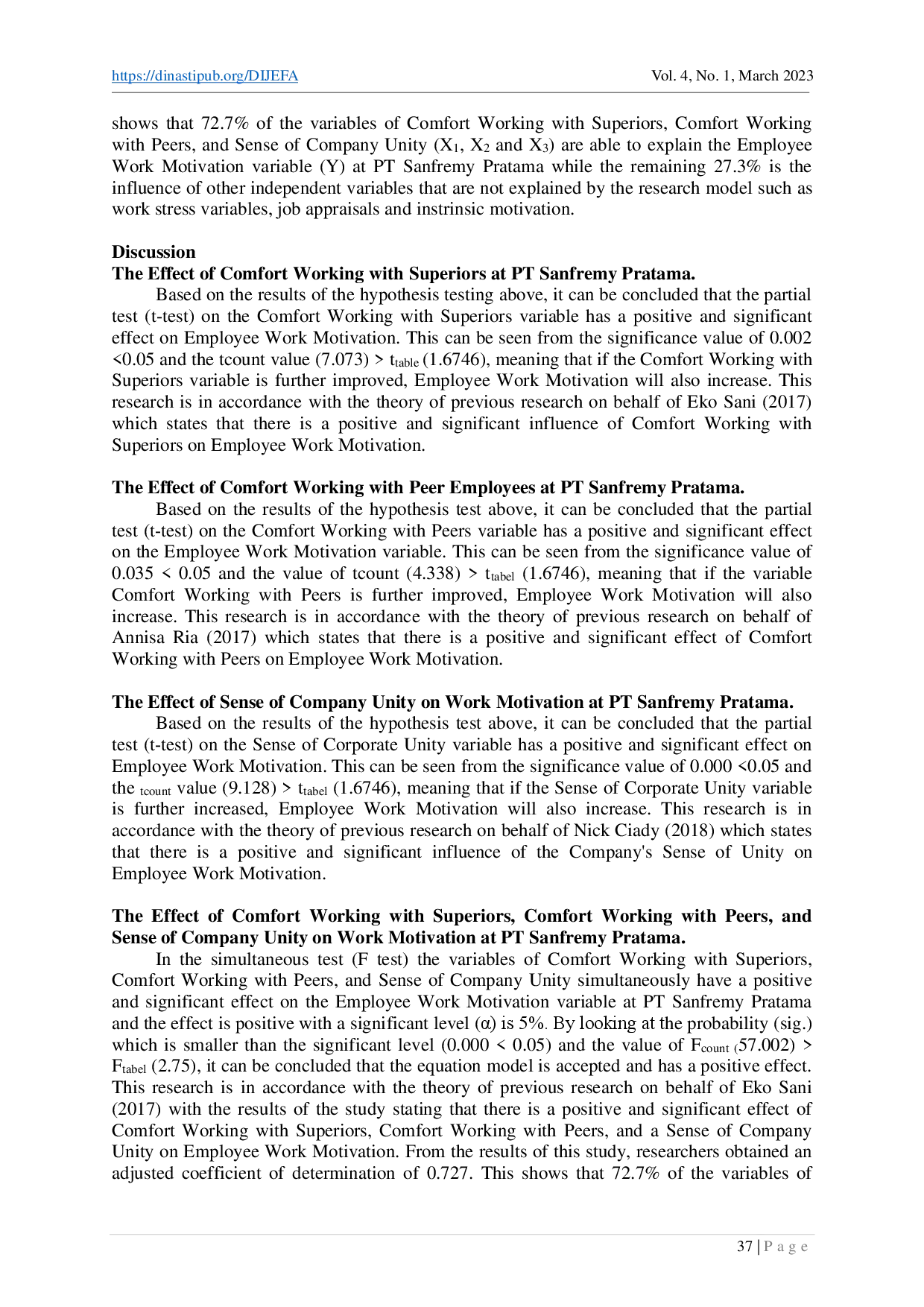 juris Comfort Working with Superiors Comfort Working with Peer Employees and a Sense of Company Unity to Employee Work Motivation
