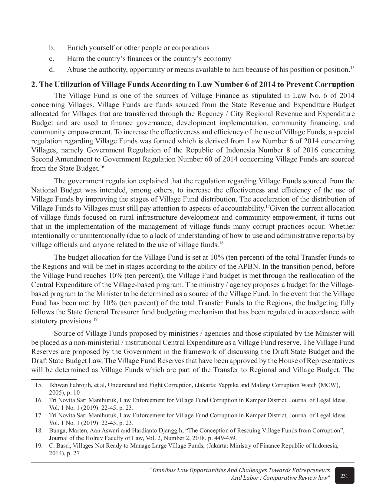 JURIS Utilization Of Village Funds According To Law No 6 Of 2014 To Prevent Criminal Act Of Corruption