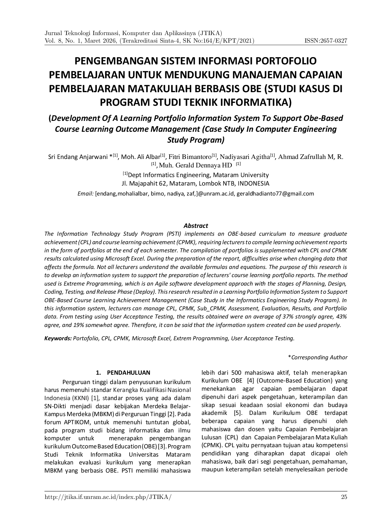 JURIS Pengembangan Sistem Informasi Portofolio Pembelajaran Untuk Mendukung Manajeman Capaian Pembelajaran Matakuliah Berbasis Obe Studi Kasus Di Program Studi Teknik Informatika