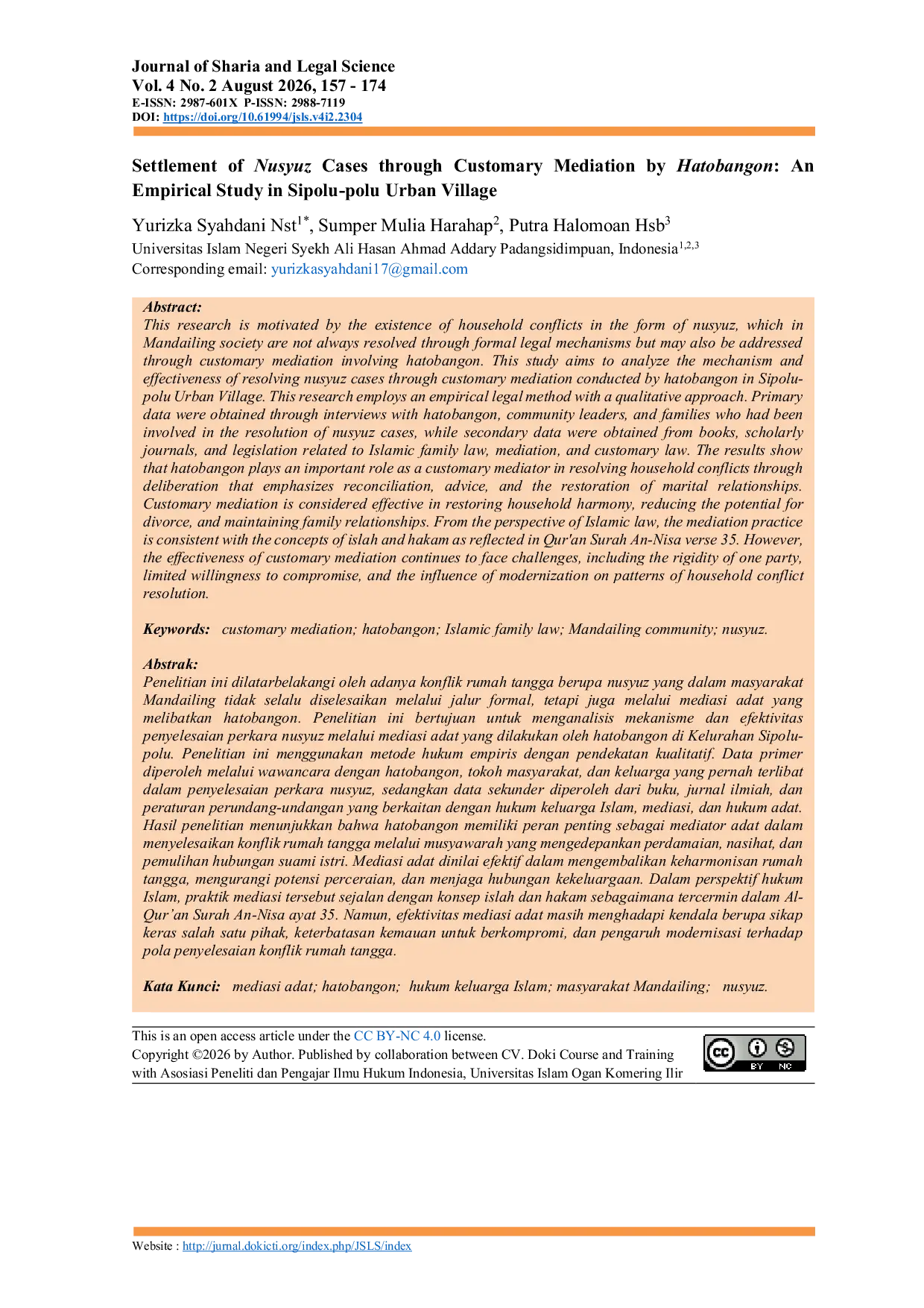 JURIS Settlement of Nusyuz Cases through Customary Mediation by Hatobangon An Empirical Study in Sipolu polu Urban Village