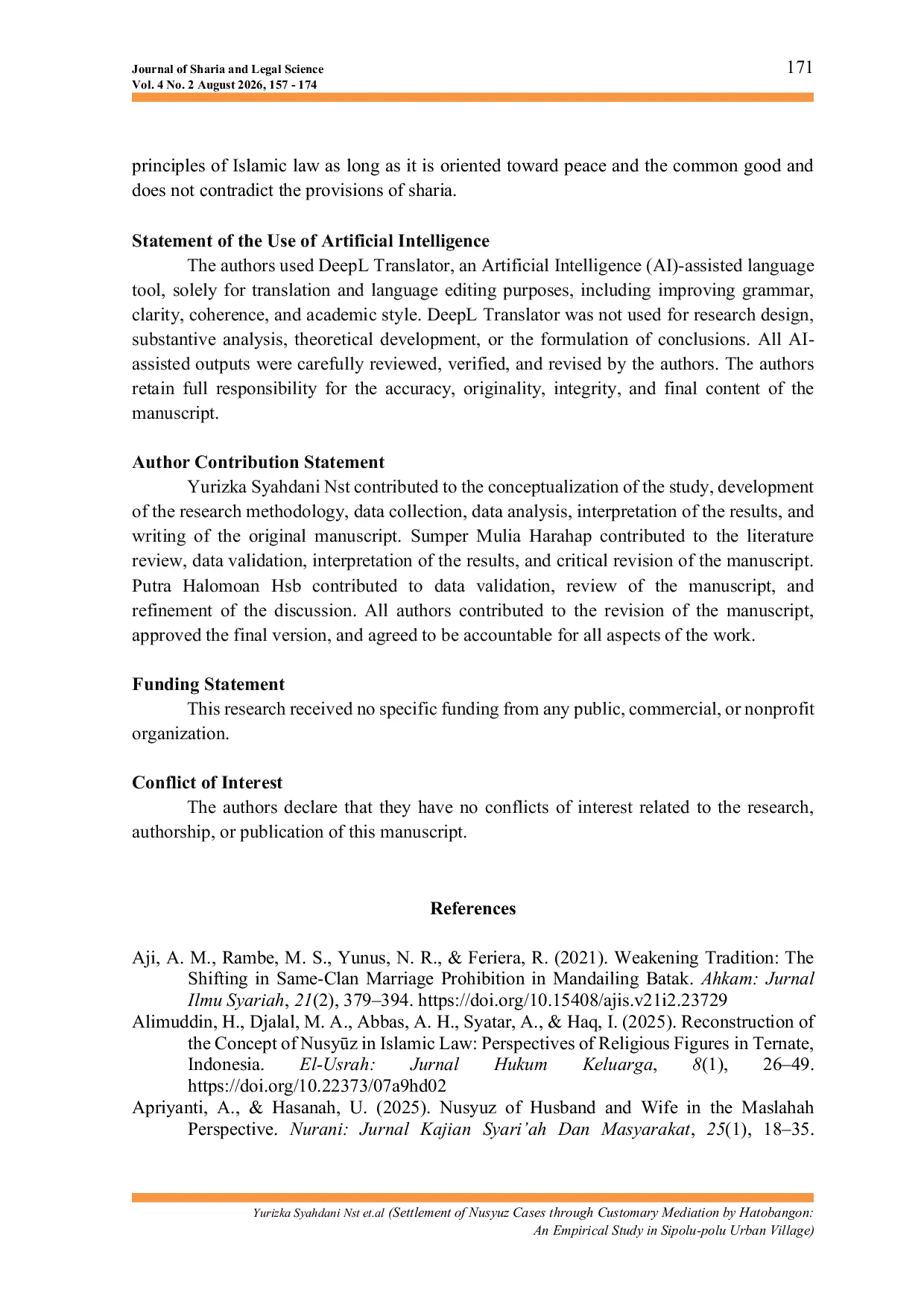 JURIS Settlement of Nusyuz Cases through Customary Mediation by Hatobangon An Empirical Study in Sipolu polu Urban Village