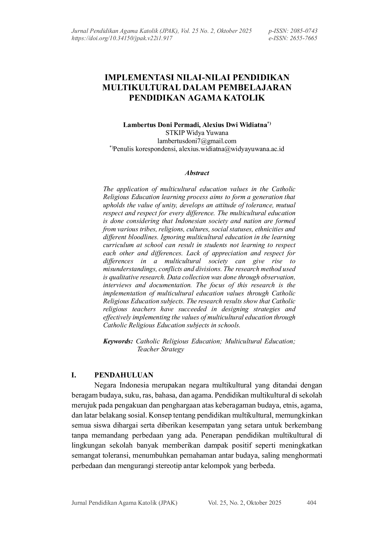 JURIS Implementasi Nilai Nilai Pendidikan Multikultural Dalam Pembelajaran Pendidikan Agama Katolik