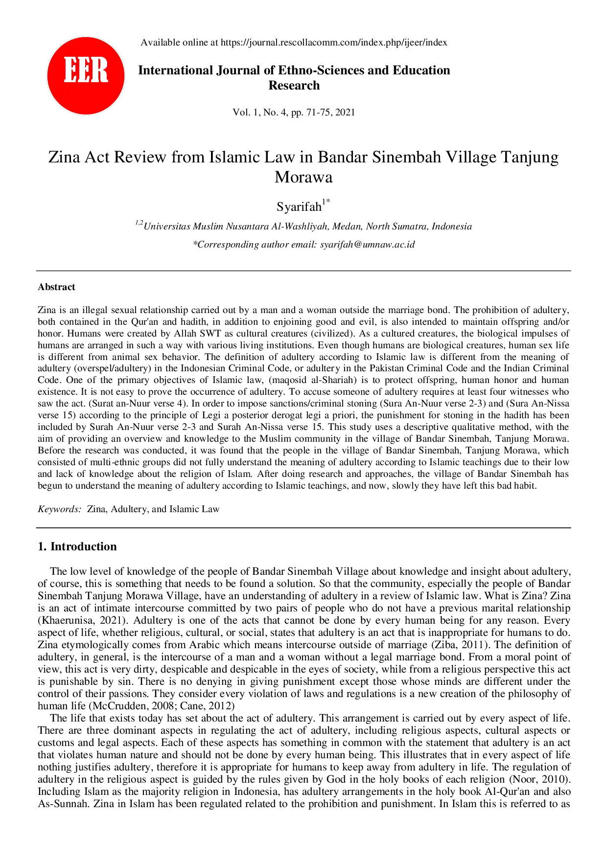 JURIS Zina Act Review from Islamic Law in Bandar Sinembah Village Tanjung Morawa