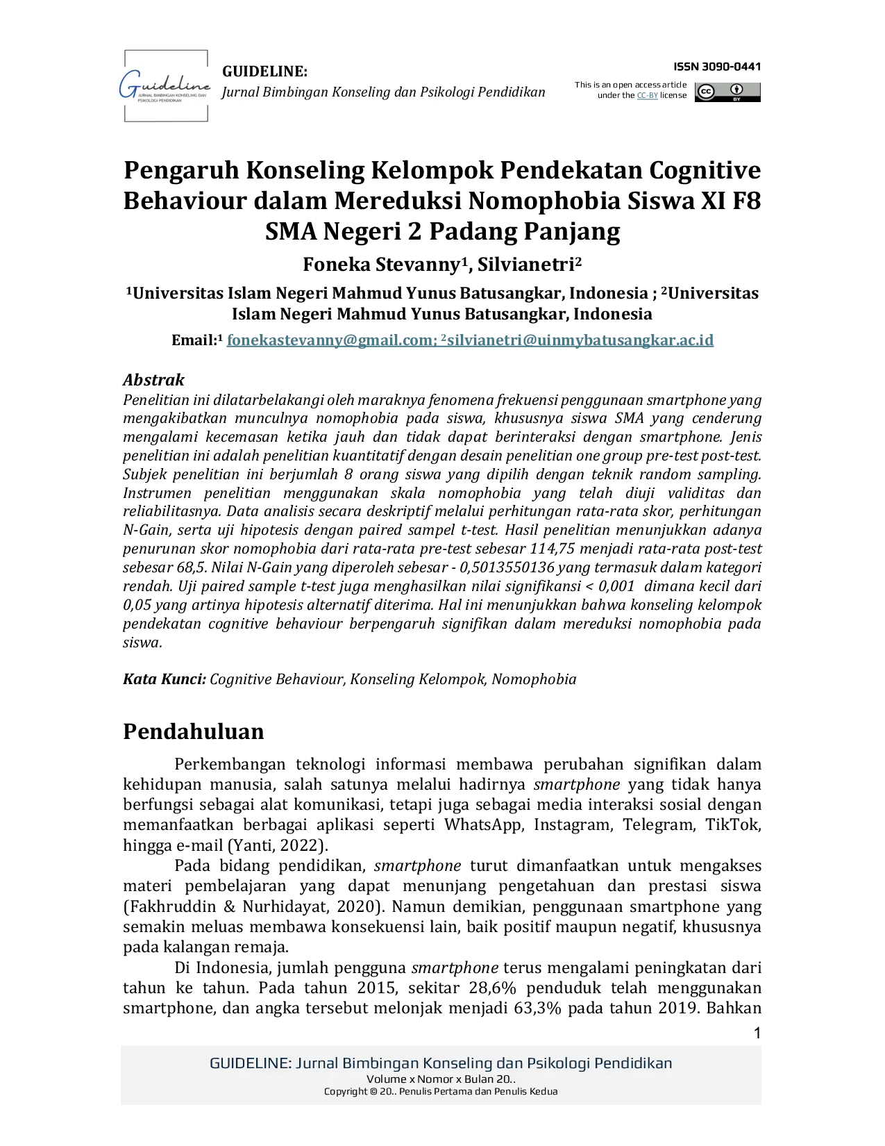 JURIS Pengaruh Konseling Kelompok Pendekatan Cognitive Behaviour dalam Mereduksi Nomophobia Siswa Kelas XI F8 SMA Negeri 2 Padang Panjang