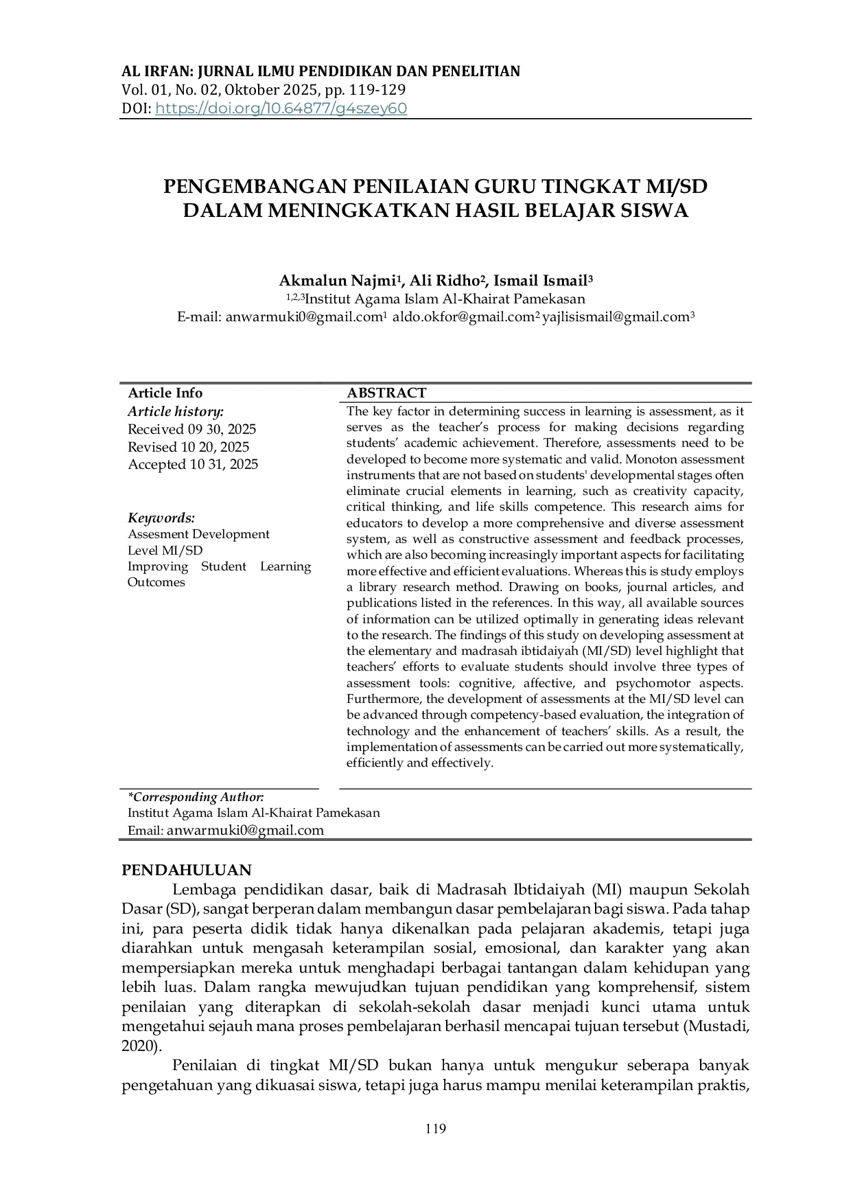 JURIS Pengembangan Penilaian Guru Tingkat MI SD dalam Meningkatkan Hasil Belajar Siswa