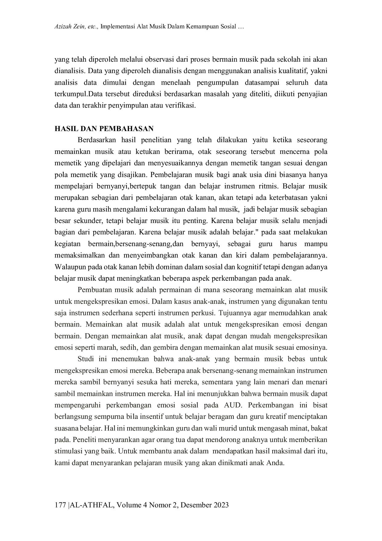 JURIS Implementasi Alat Musik Dalam Kemampuan Sosial Emosional Anak Usia Dini Di TK RA Azahra