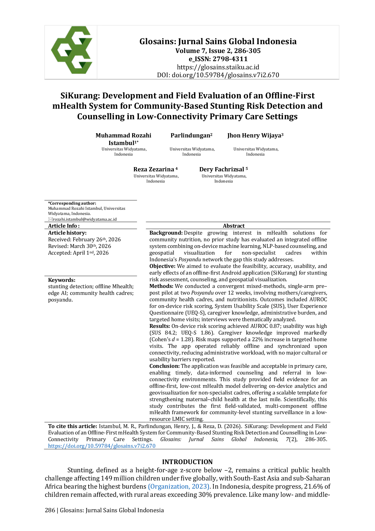 JURIS SiKurang Development and Field Evaluation of an Offline First mHealth System for Community Based Stunting Risk Detection and Counselling in Low Connectivity Primary Care Settings